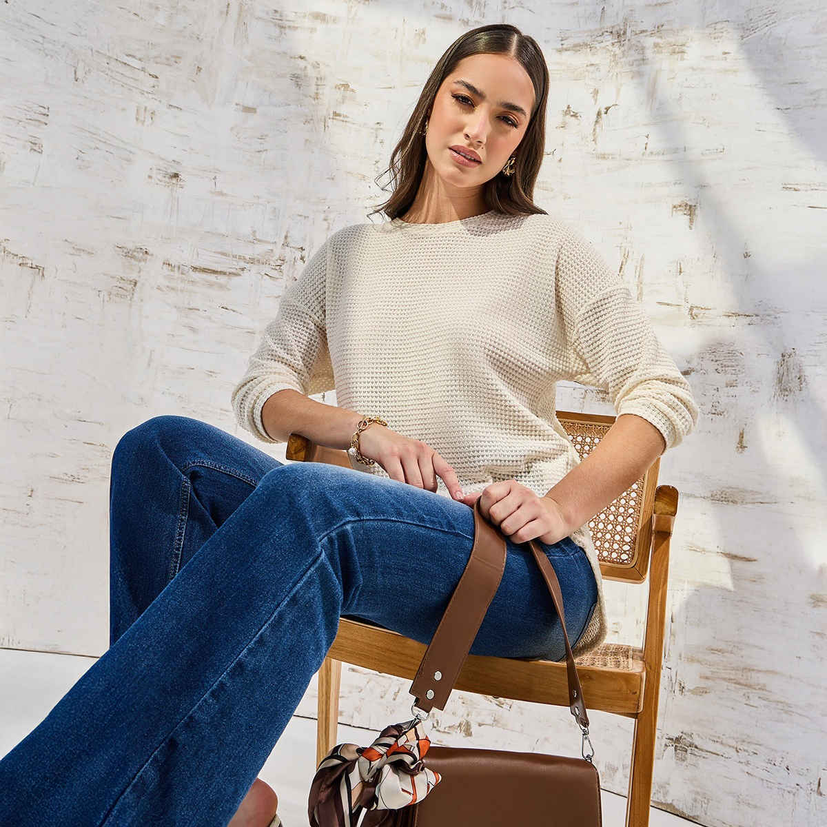 Styli Women's Oversized T-shirt with Solid Textured Fabric and Curved Hem | Beige - XL