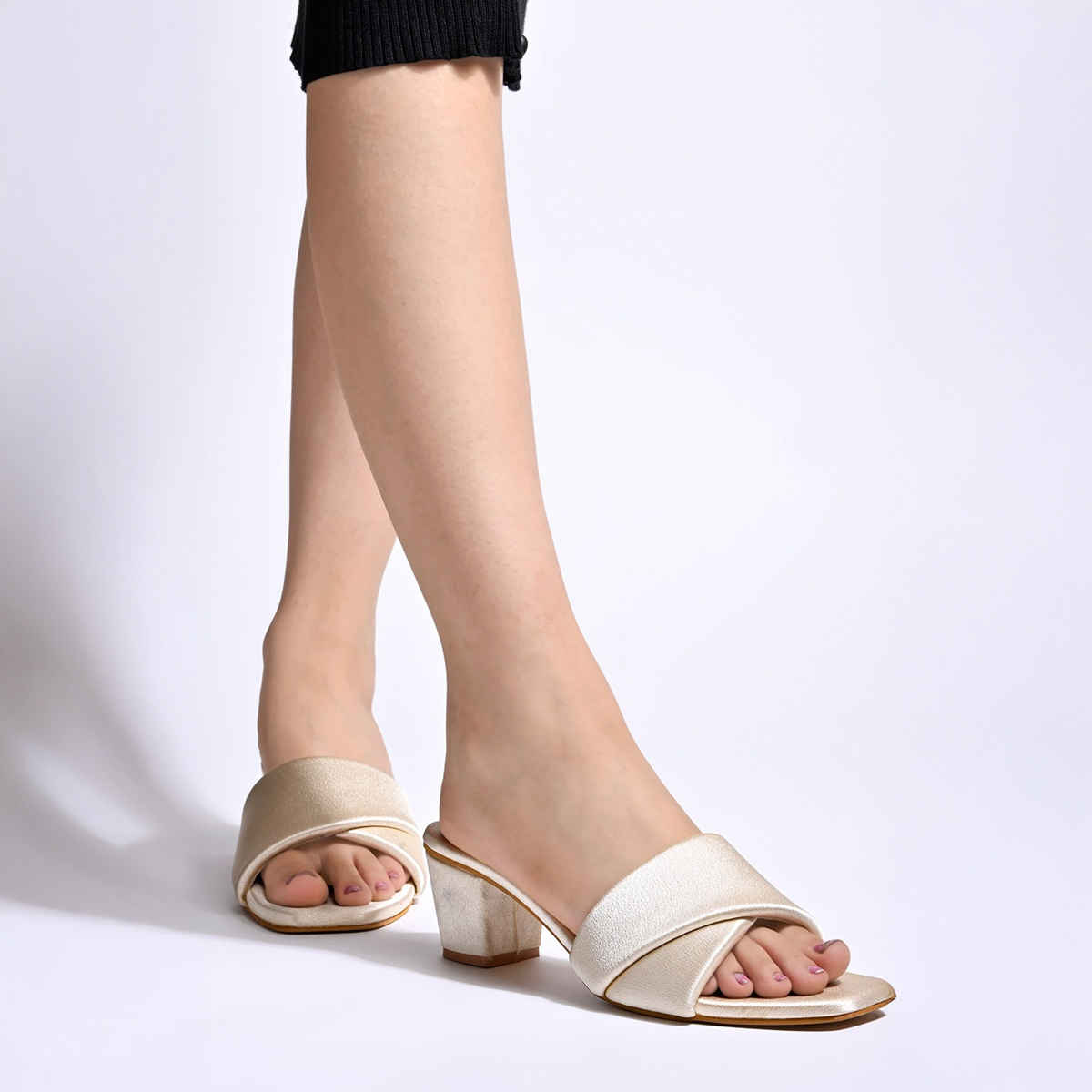 Shoetopia Square Toe Cream Block Heels For Women s | UK8