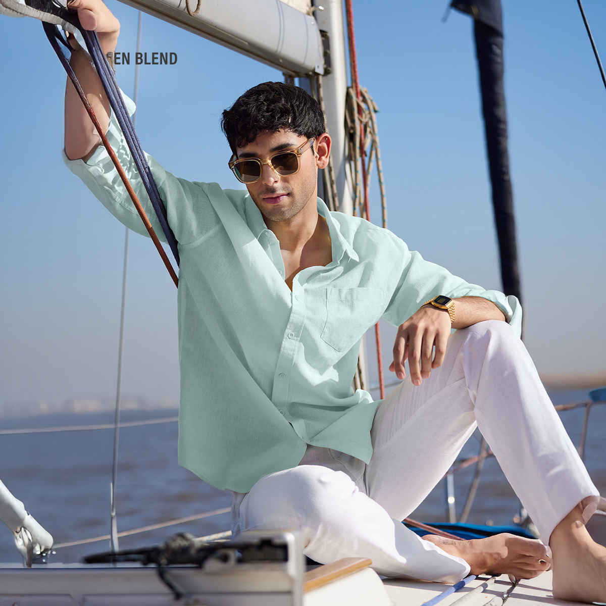 The Souled Store Men's Regular Cotton Linen- Ocean Blue Shirts | M