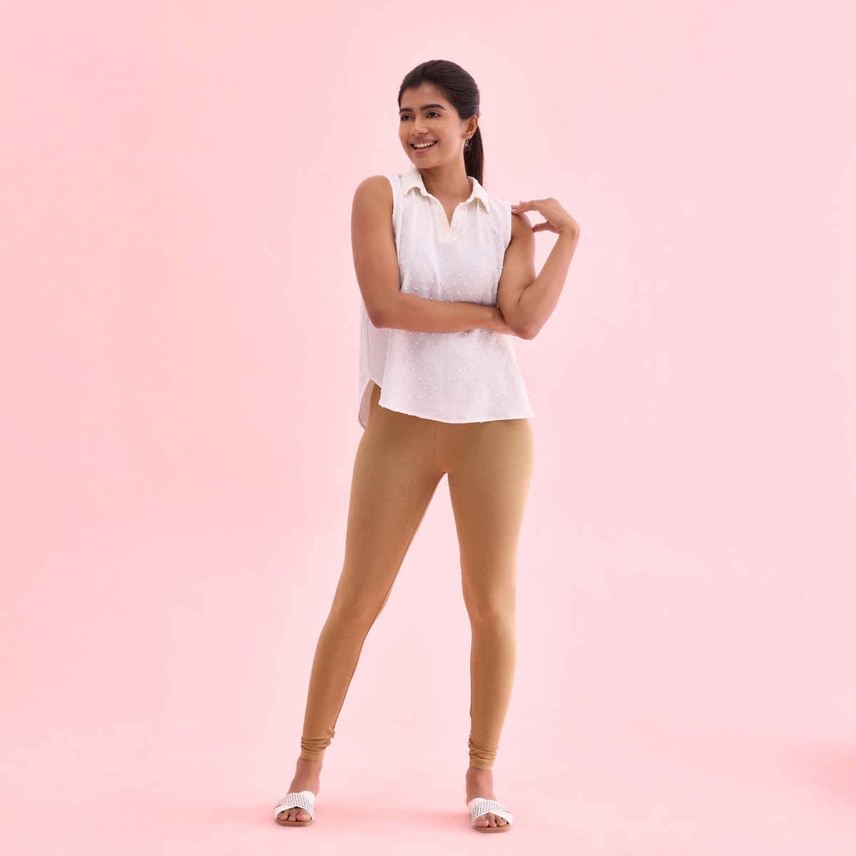 Go Colors Women's Solid Mid Rise Ankle Length Leggings | Beige - 2XL