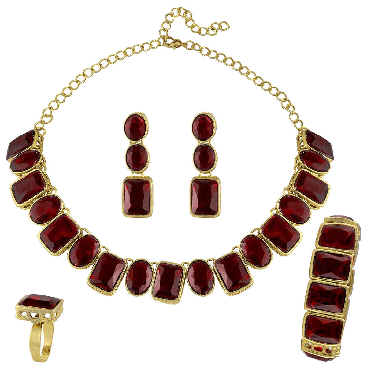 Peora Gold Plated Maroon Crystal Necklace Set with Drop Earrings, Bracelet, and Finger Ring