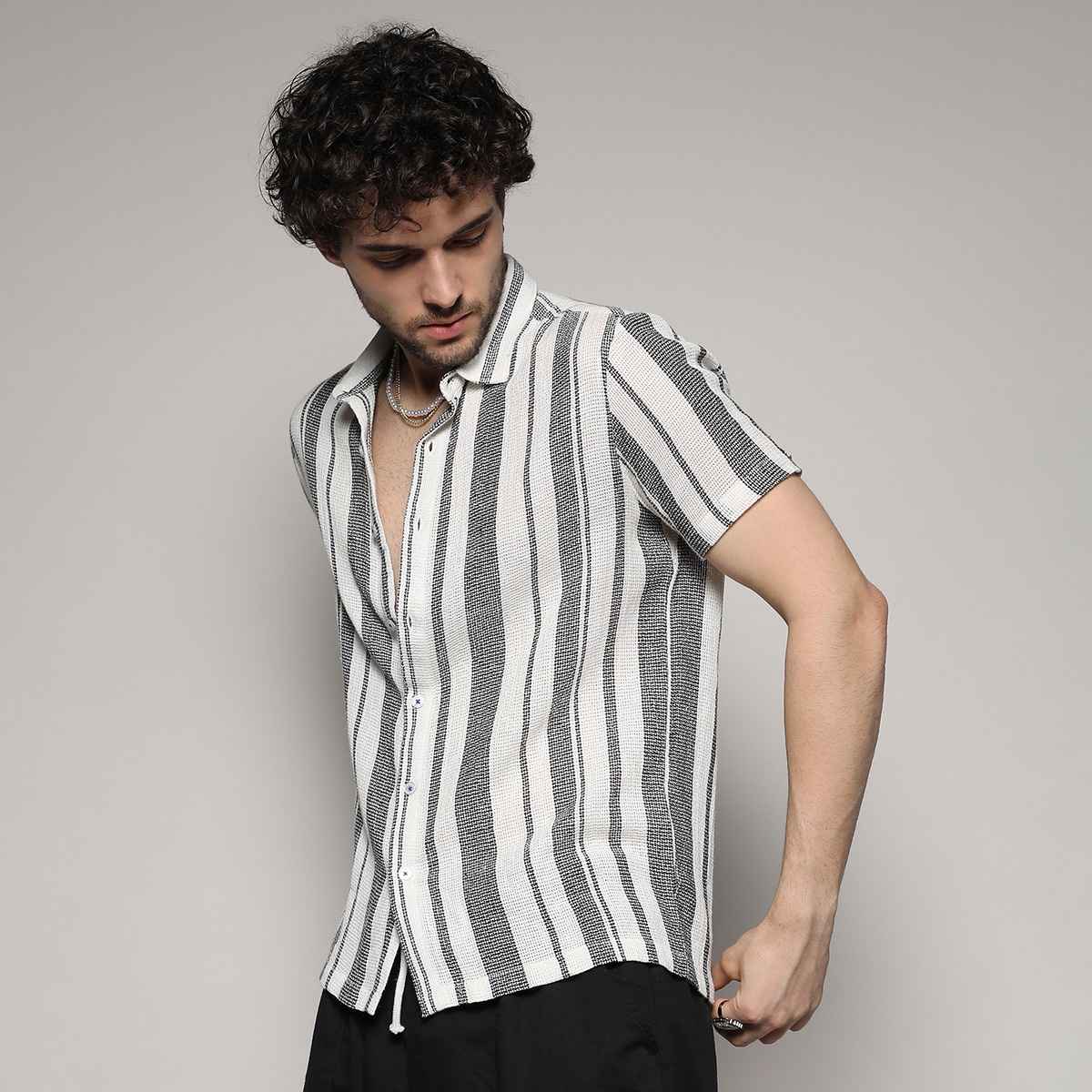 Campus Sutra Men's Unbalanced Striped Woven Shirt | Multicolour - XL