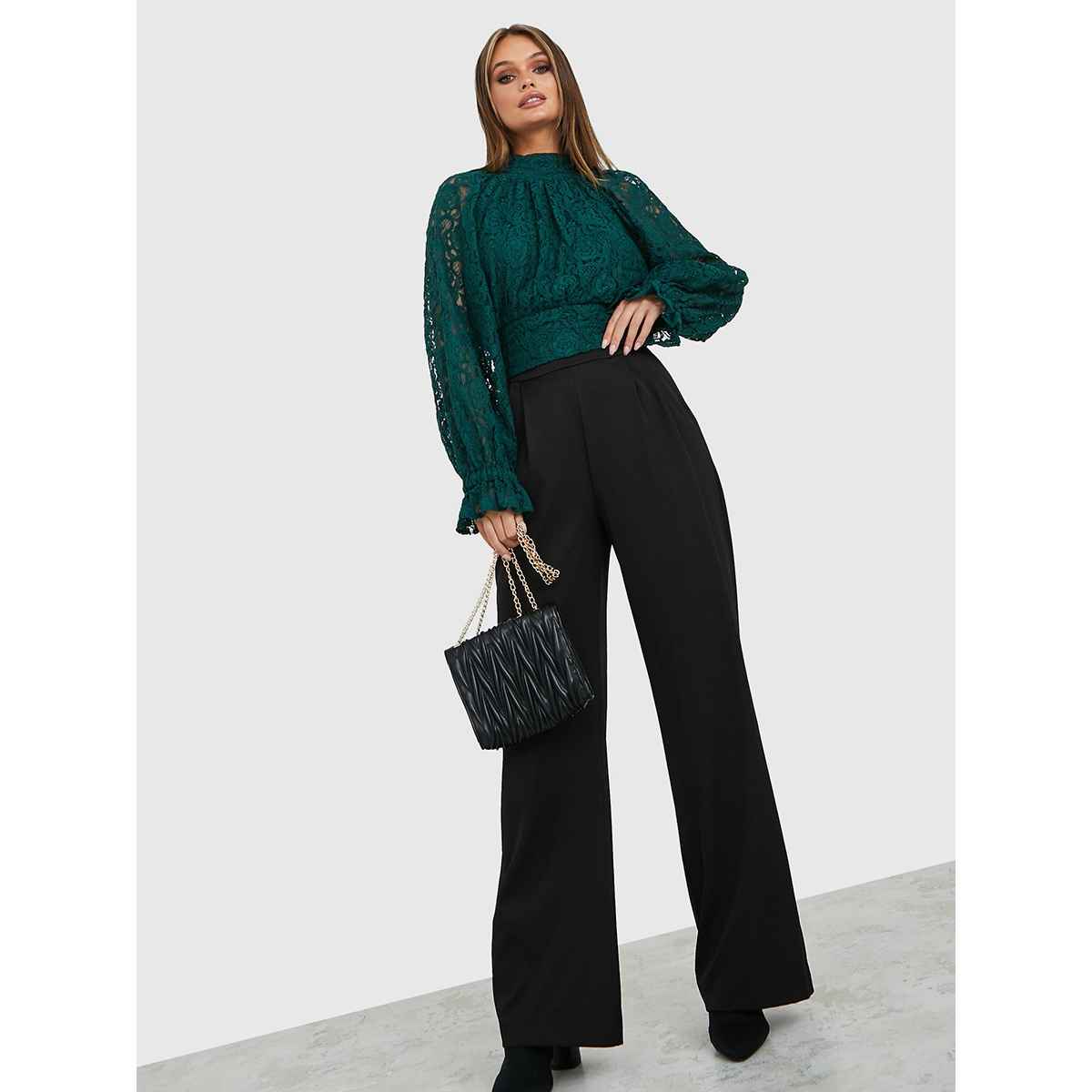 Styli Women's Casual Wear Self Design High Neck Long Sleeves Crop Blouson | Green - M