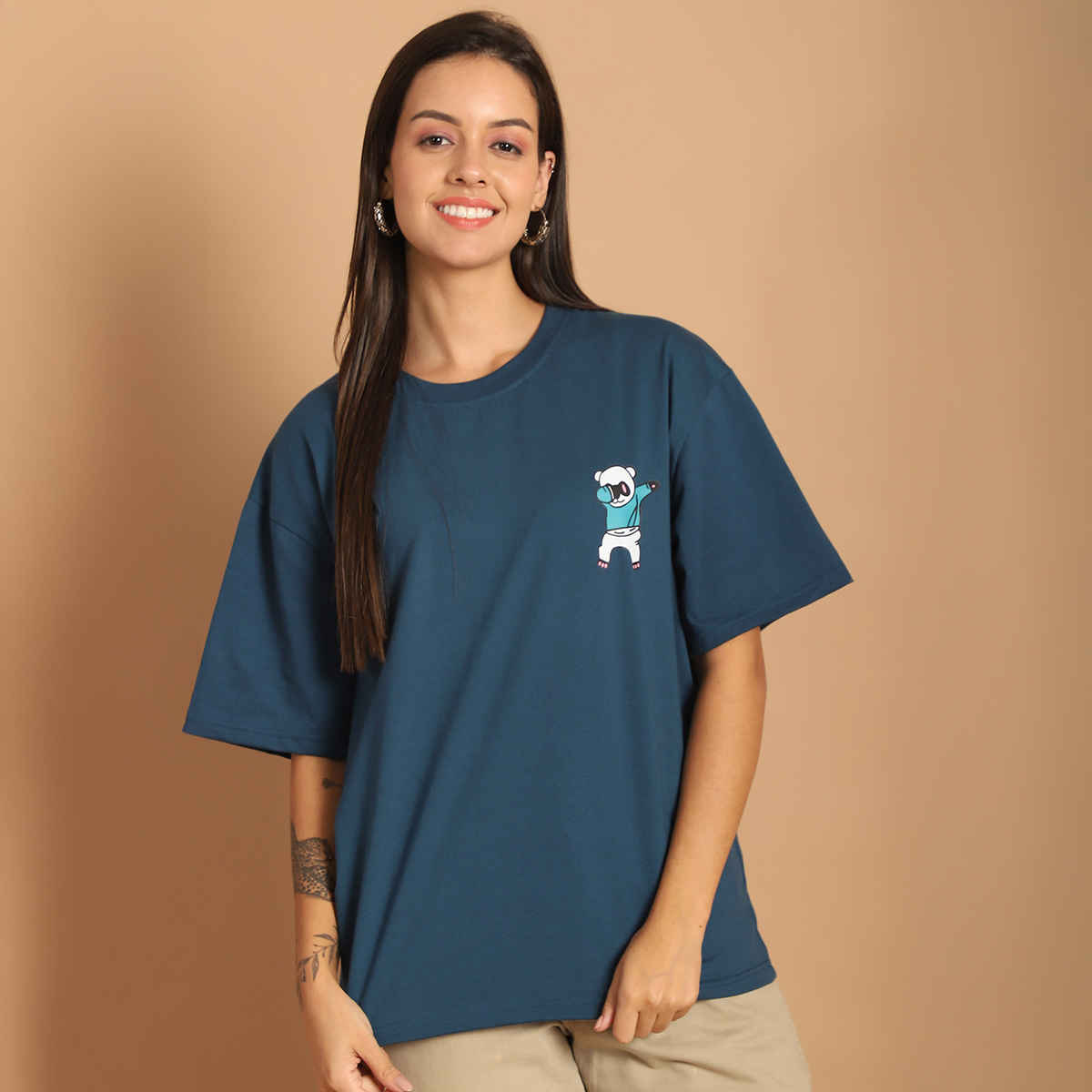 Fabflee Women Oversize Cotton Printed Round Neck Tshirt | Blue | FAB-OS-503 | XL