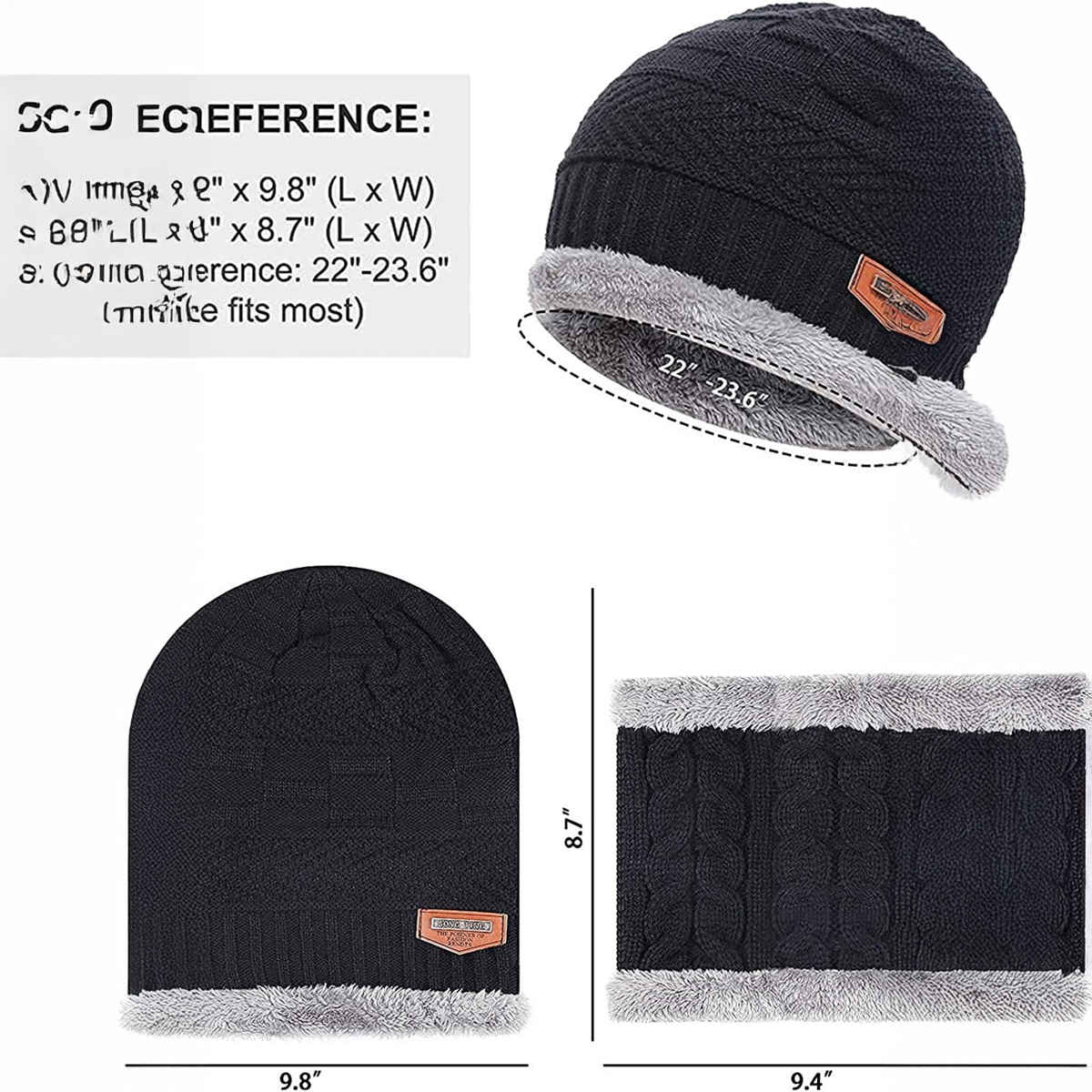 Infispace Winter Woolen Unisex Fur Fleece Lined Beanie Knitted Cap with Neck Warmer | Black