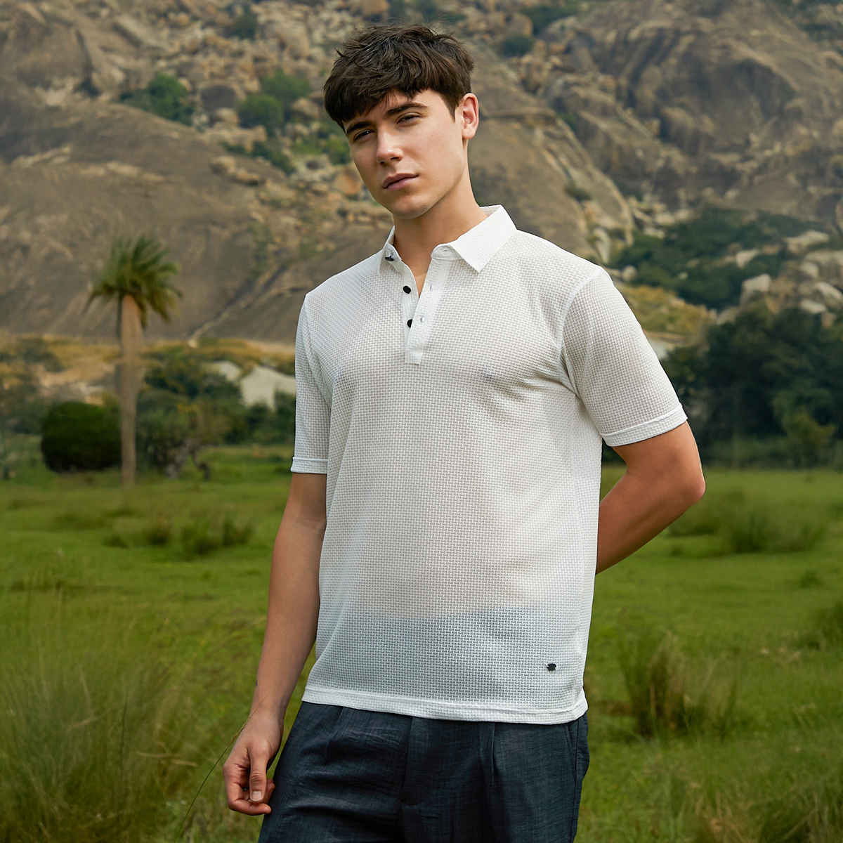 Campus Sutra Men's Warp-Tactile Polo T-shirt | White - S