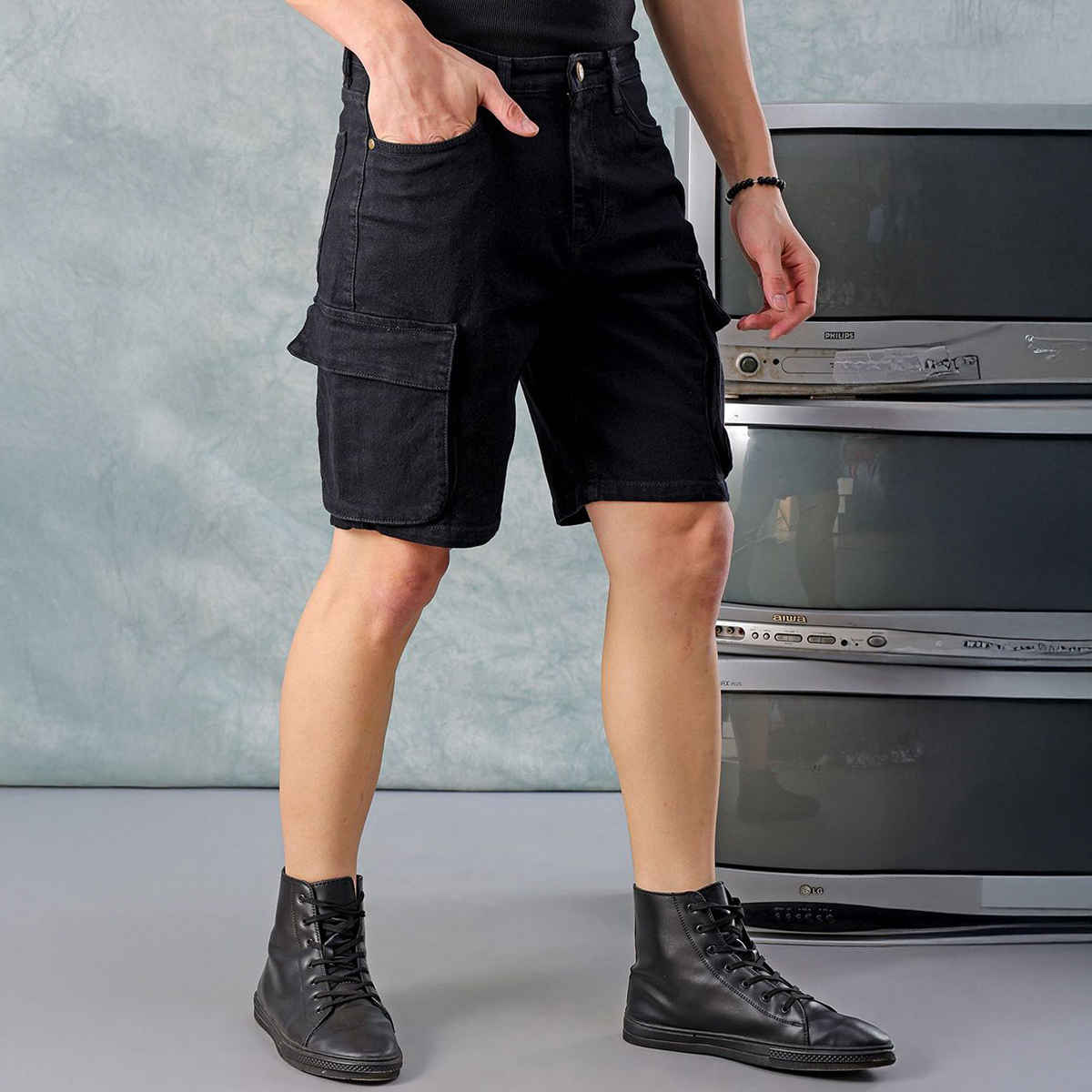 The Indian Garage Co Men's Regular Fit Solid Casual Shorts | Black - 30