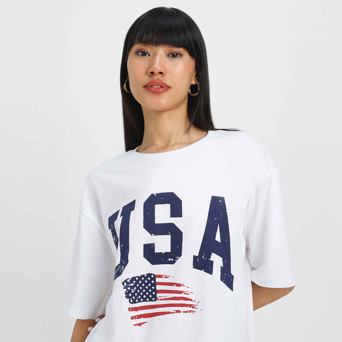 Juneberry White Print Graphic Oversized fit Tshirt for Women - S