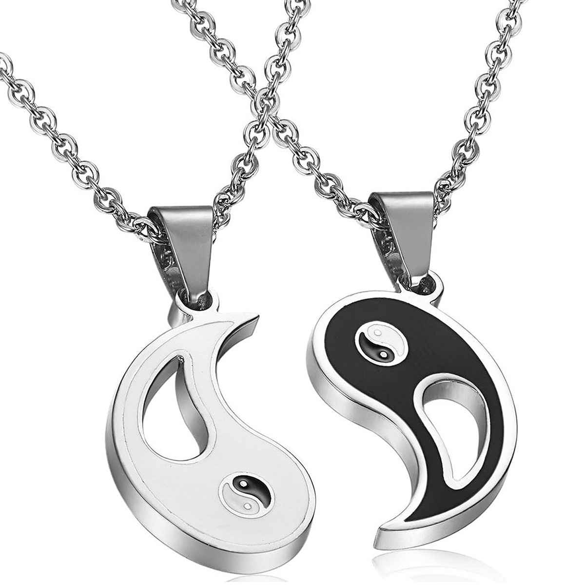Peora Stainless Steel Yin Yang Puzzle Matching Pendant Couples Necklace Chain for Women - Pack of 2