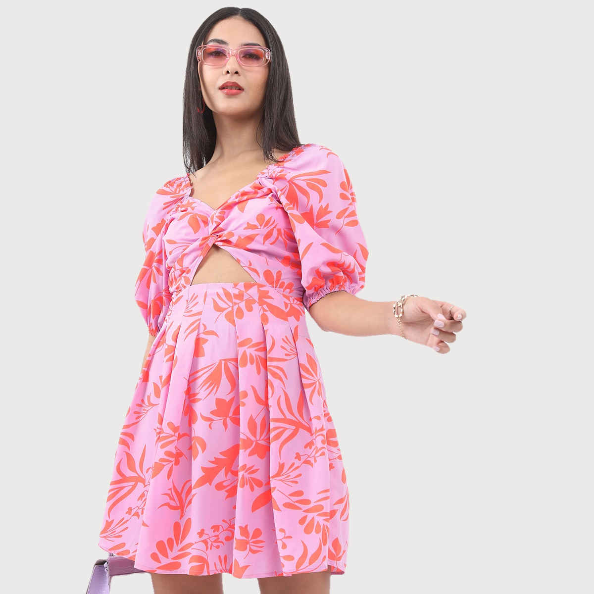 Ketch Women's Floral Printed Twisted Cut-Out A-Line Dress | Purple - S