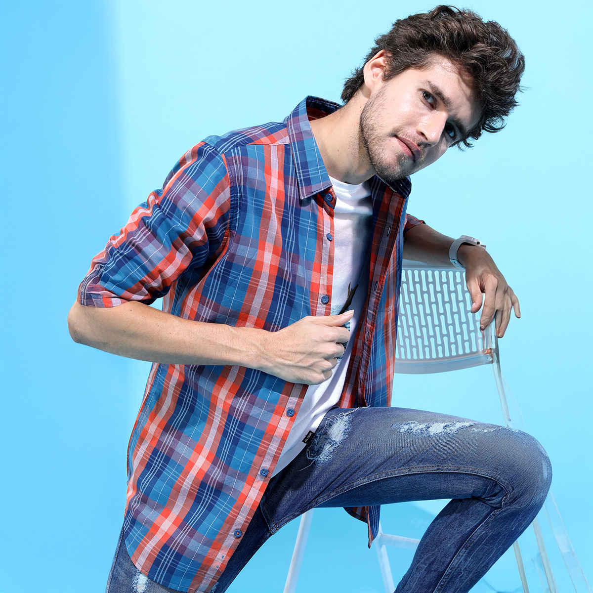 HIGHLANDER Men's Slim Fit Checked Casual Shirt | Blue and Orange - L