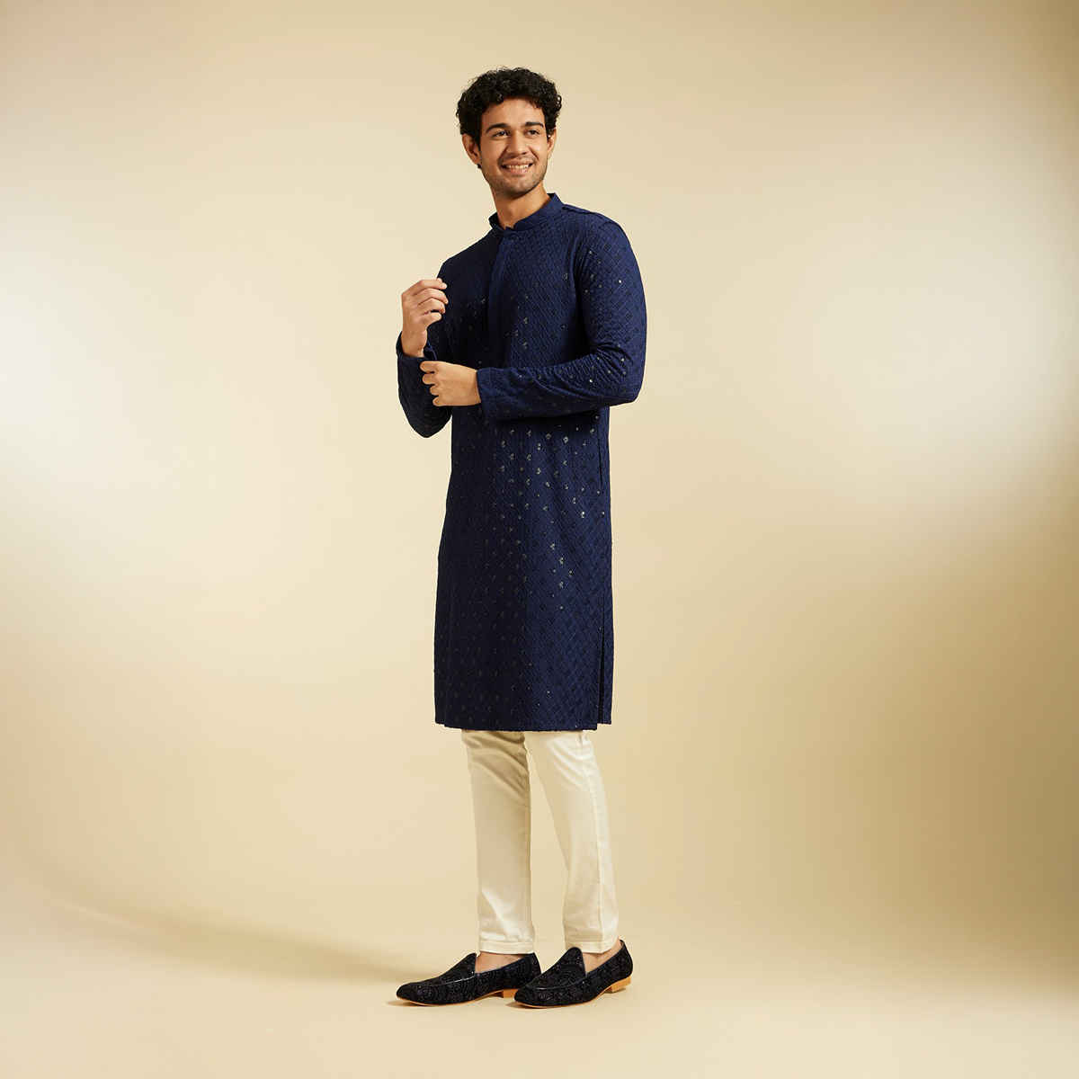 Diwas By Manyavar Men's Chikankari Kurta With Sequins | Navy Blue - S