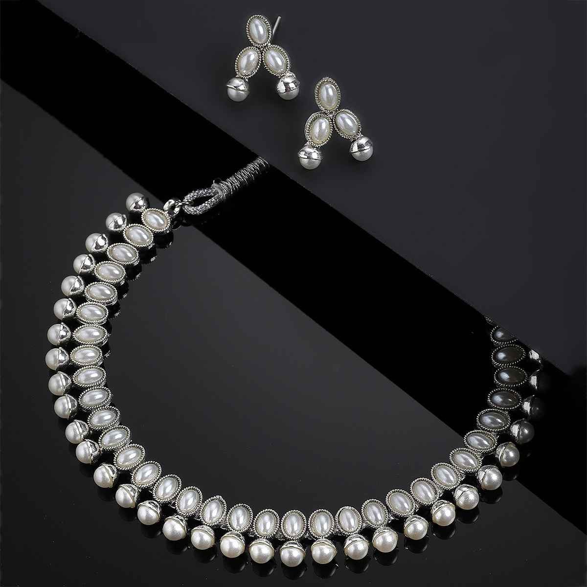 Zeneme Oxidised Silver Traditional White CZ Necklace With Earrings Jewellery For Women & Girls