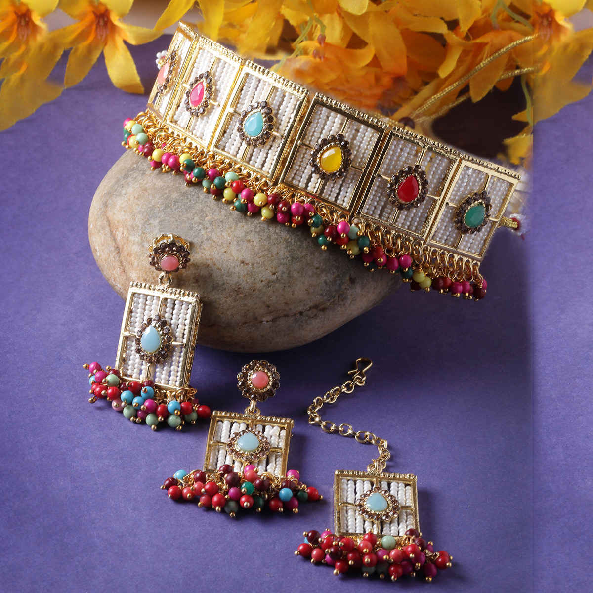 Sukkhi Beautiful Gold Plated Multi Beads Studded Collar Necklace Set