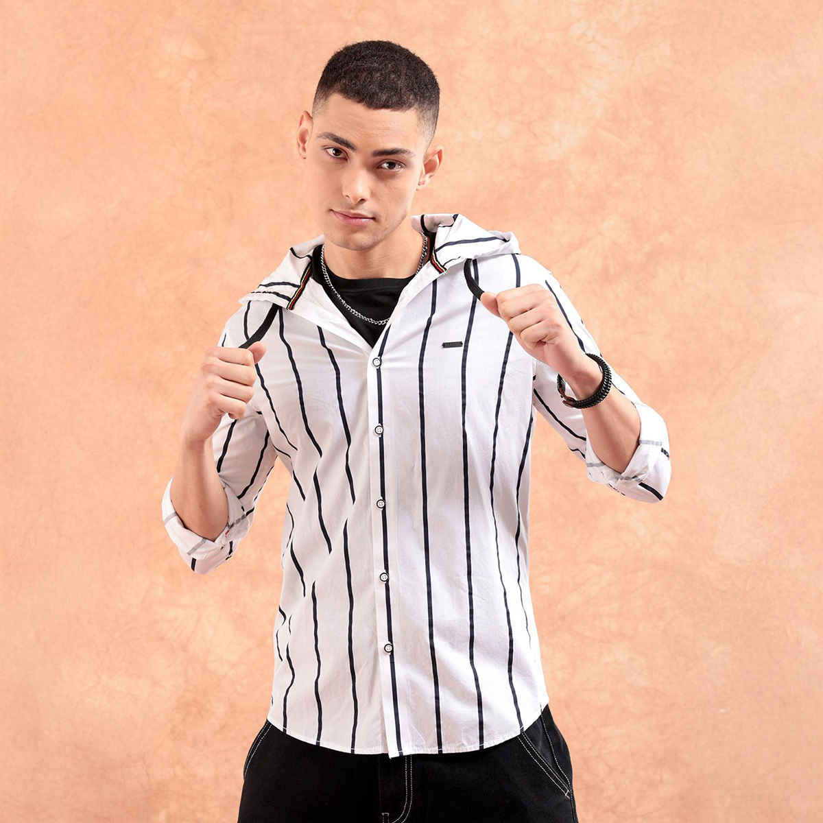 The Indian Garage Co Men's Slim Fit Vertical Striped Casual Shirt | White - S