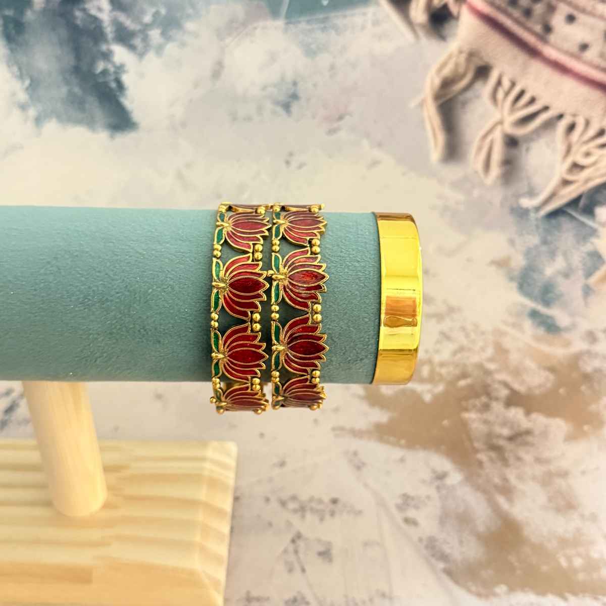 The Opal Factory Metal Bangles with Pink and Golden Lotus Flower Design | Pink and Gold - Size 2.6