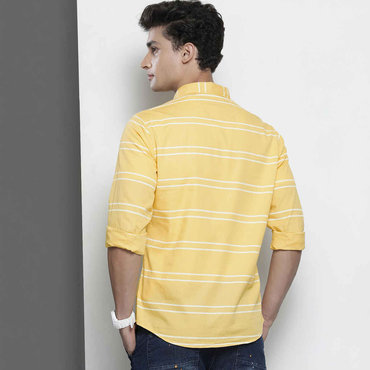 The Indian Garage Co Men's Slim Fit Striped Casual Shirt | Yellow - S
