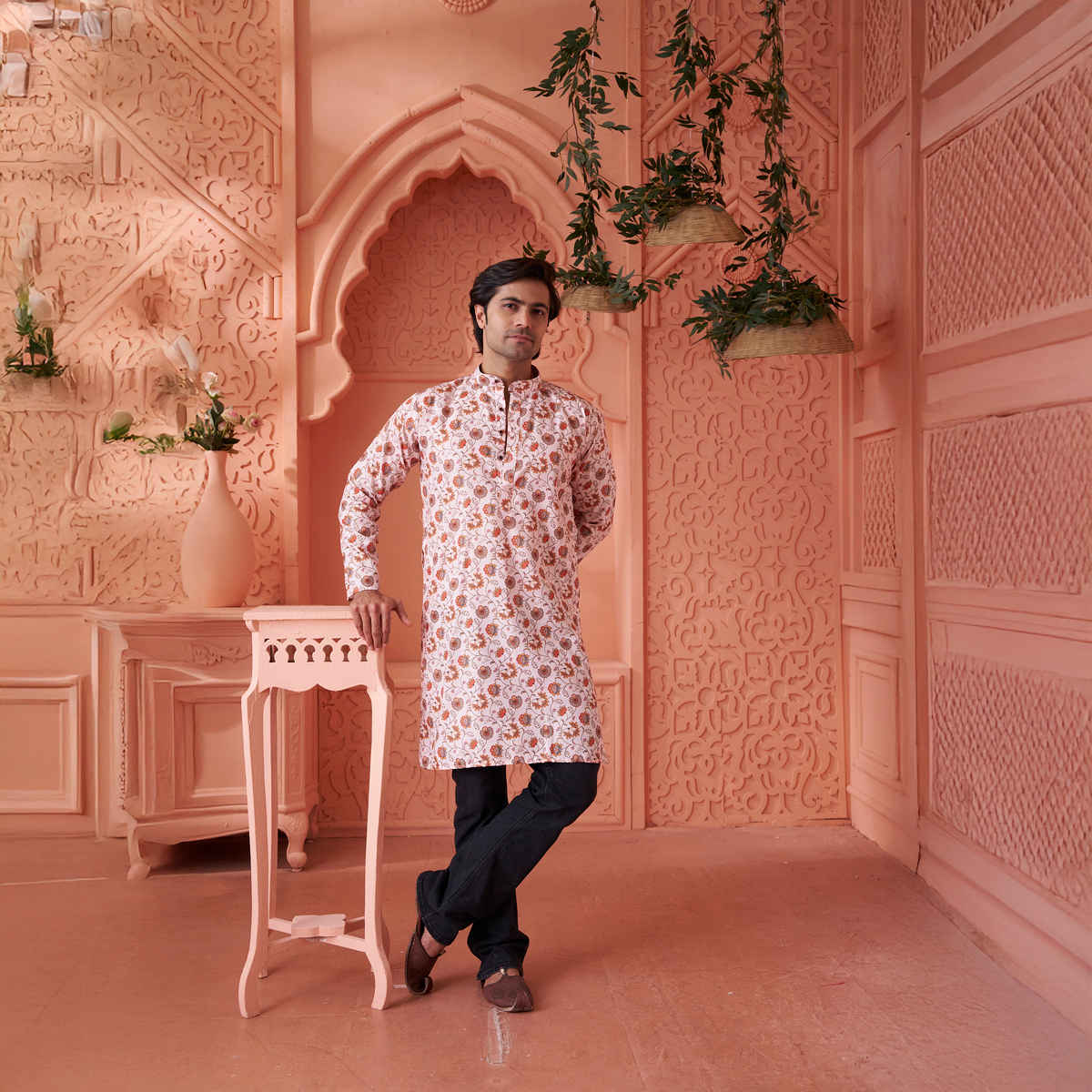 House Of Festivals Men's Printed Cotton Blend Long Kurta | Cream - M