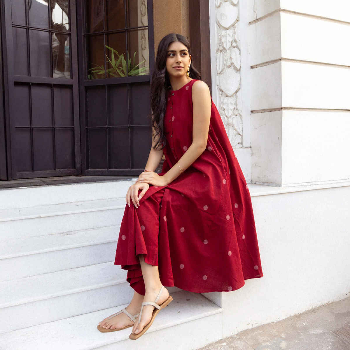 GoSriKi Women's Viscose Rayon Anarkali Polka Print Kurta with Palazzo | Red - S