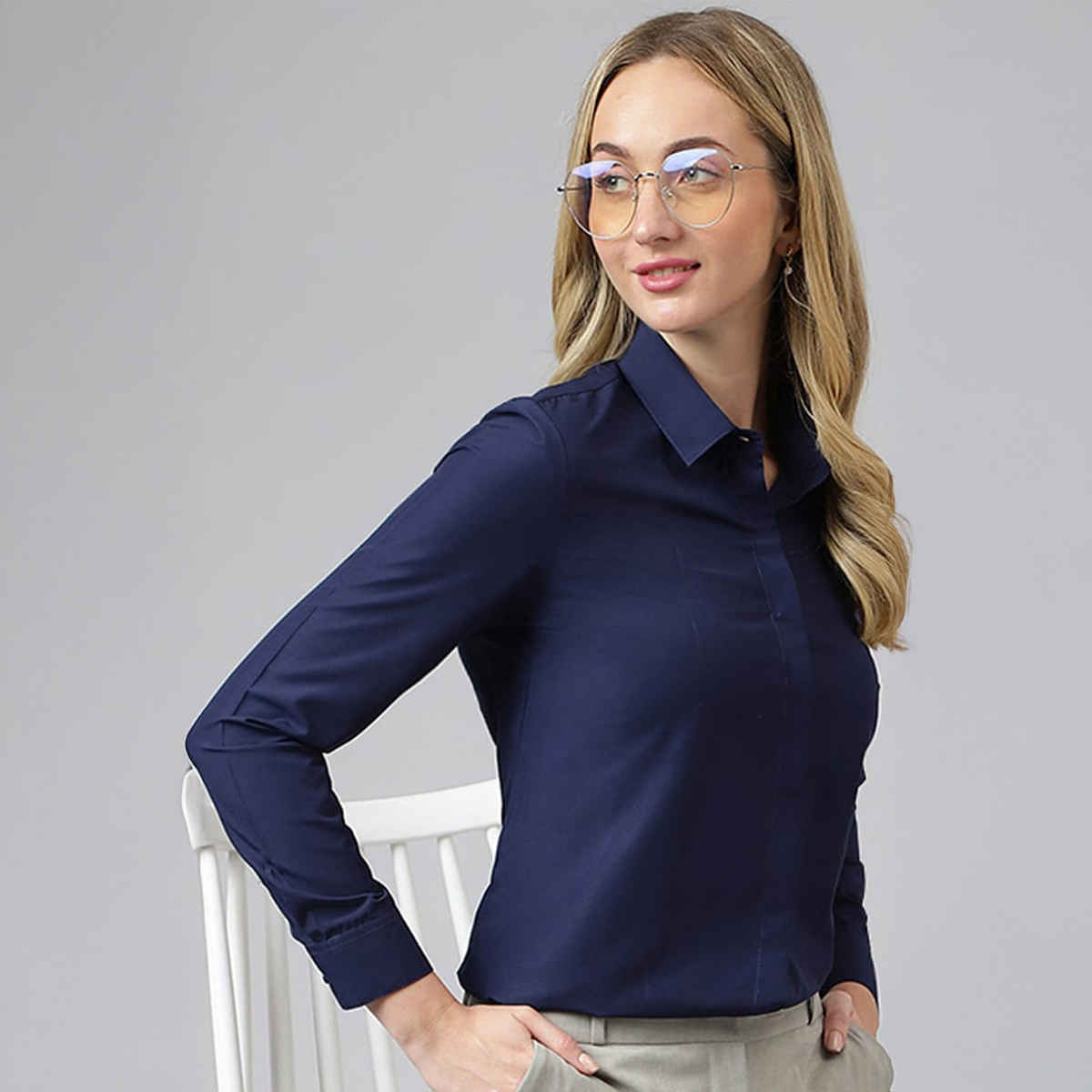 English Navy Women's Solid Regular Fit Polyester Formal Shirt | Navy Blue - L