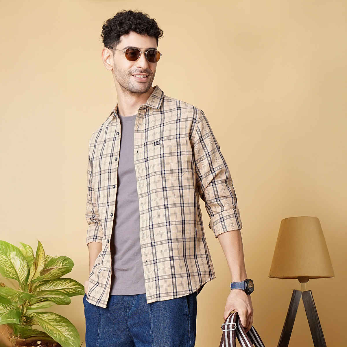 The Indian Garage Co Men's Slim Fit Checked Casual Shirt | Beige - S