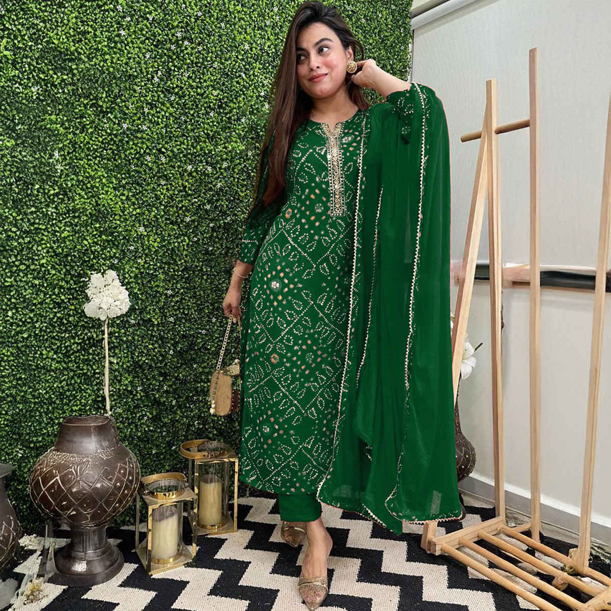 GoSriKi Women's Rayon Blend Straight Printed Kurta with Pant & Dupatta | TURAE | Green - S