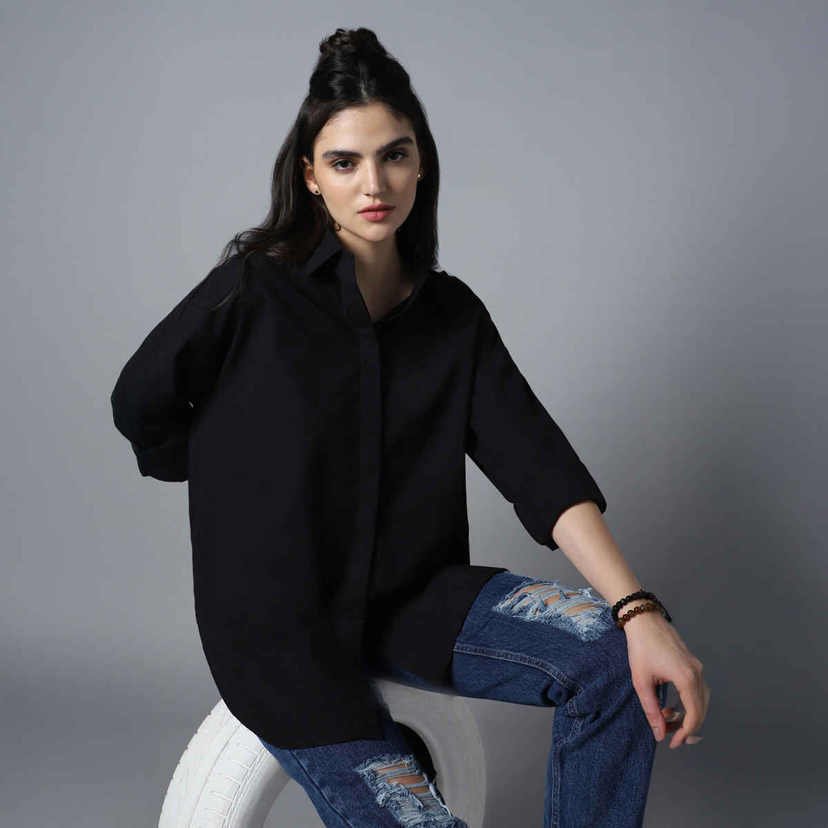 High Star Women's Oversized Spread Collar Long Sleeve Cotton Longline Casual Shirt | Black - XL
