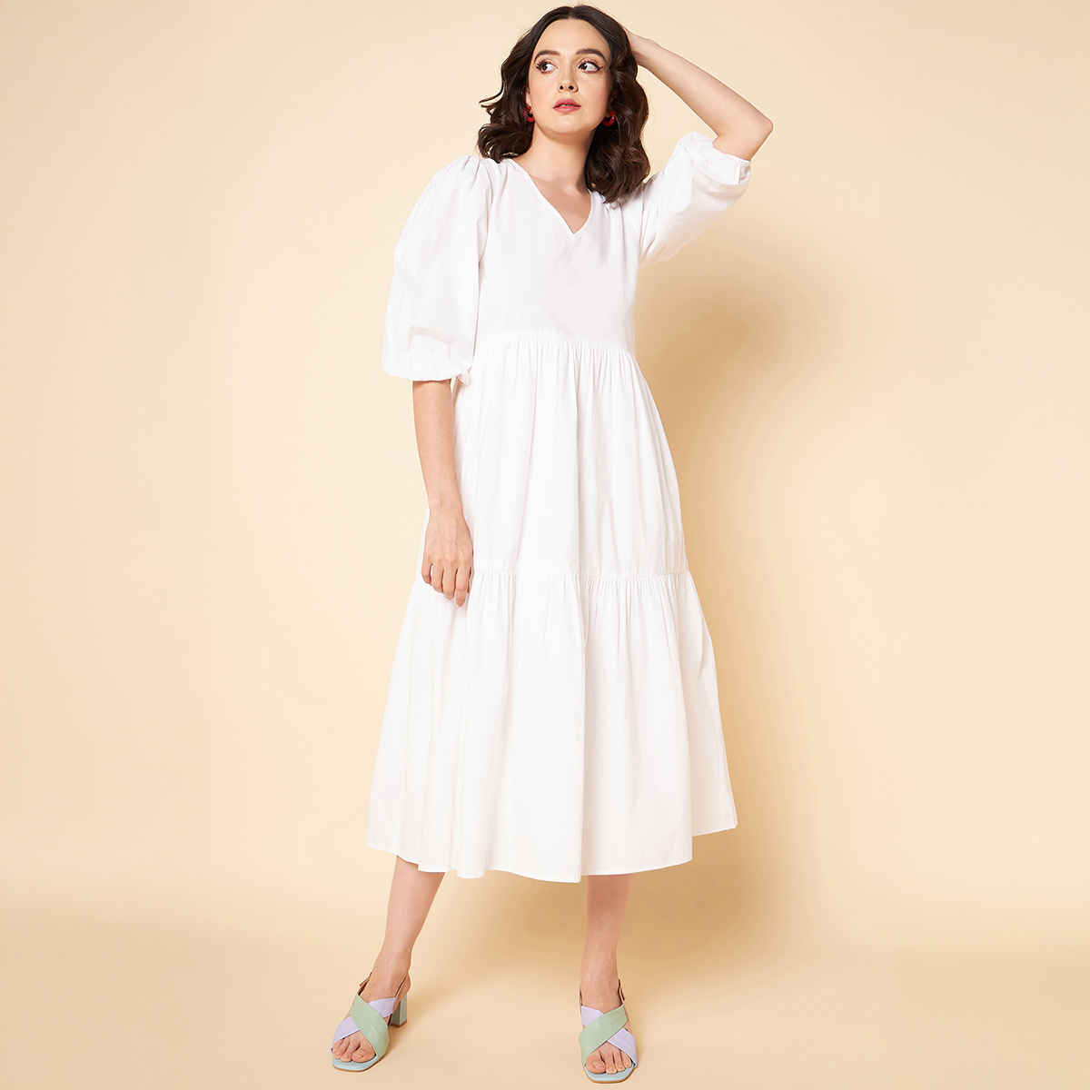 High Star Women's Puff Sleeves Tiered Pure Cotton Fit & Flare Midi Dress | White - XL