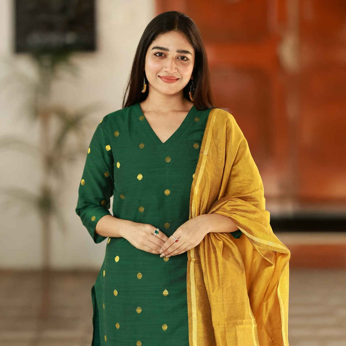 GoSriKi Women's Rayon Blend Straight Polka-Dot Kurta with Pant & Dupatta | SDF | Green - L