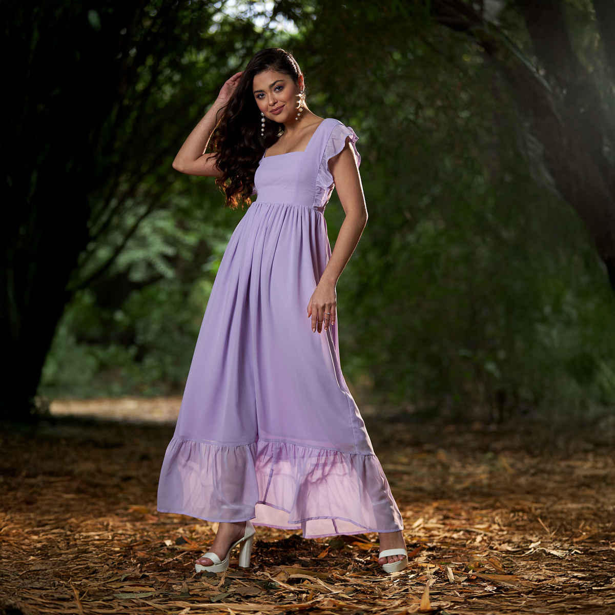 SASSAFRAS Women's Square Neck Frill Hem Maxi Dress | Lavender - XL