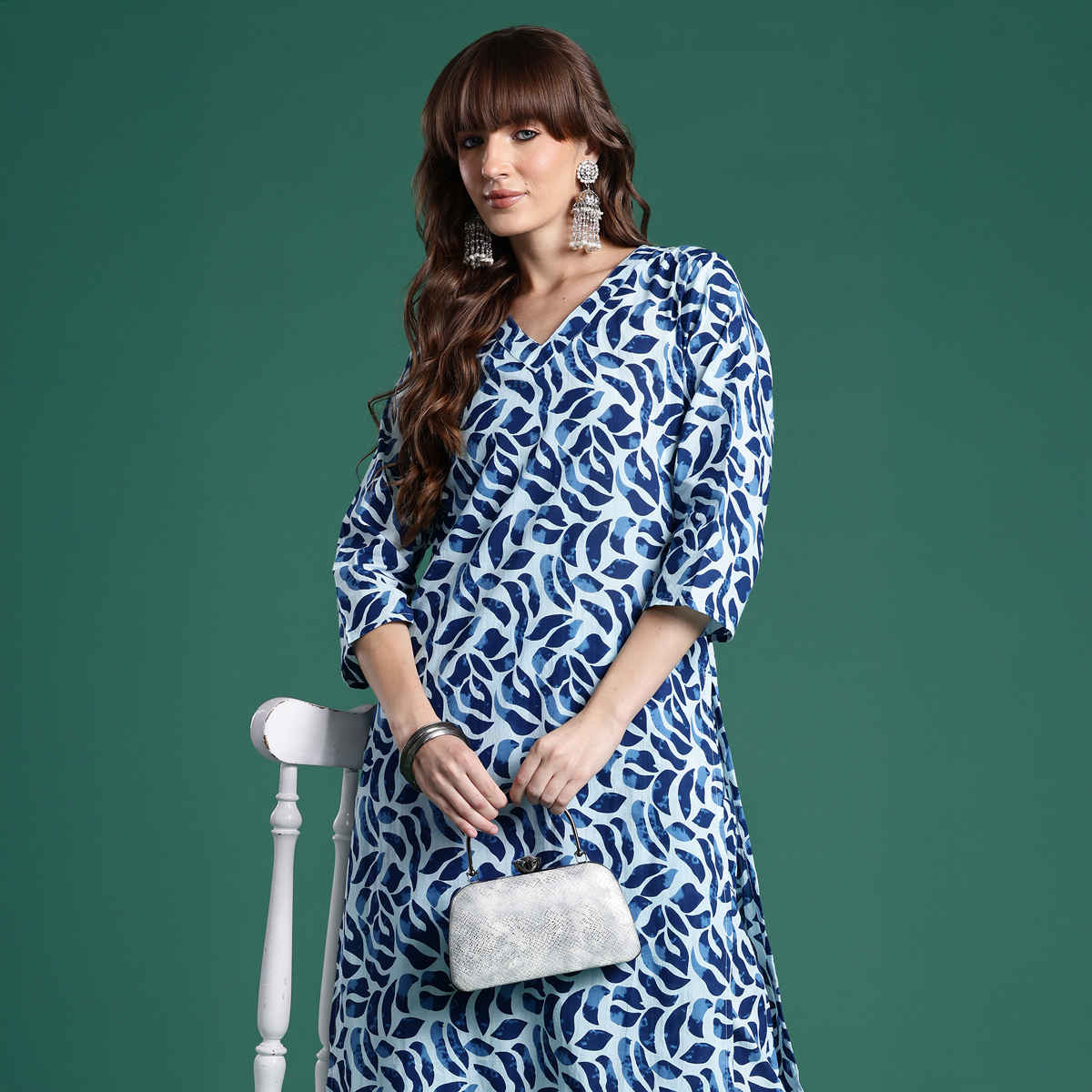 INDO ERA Women's Printed Straight Kurta Trouser Set | Blue - S