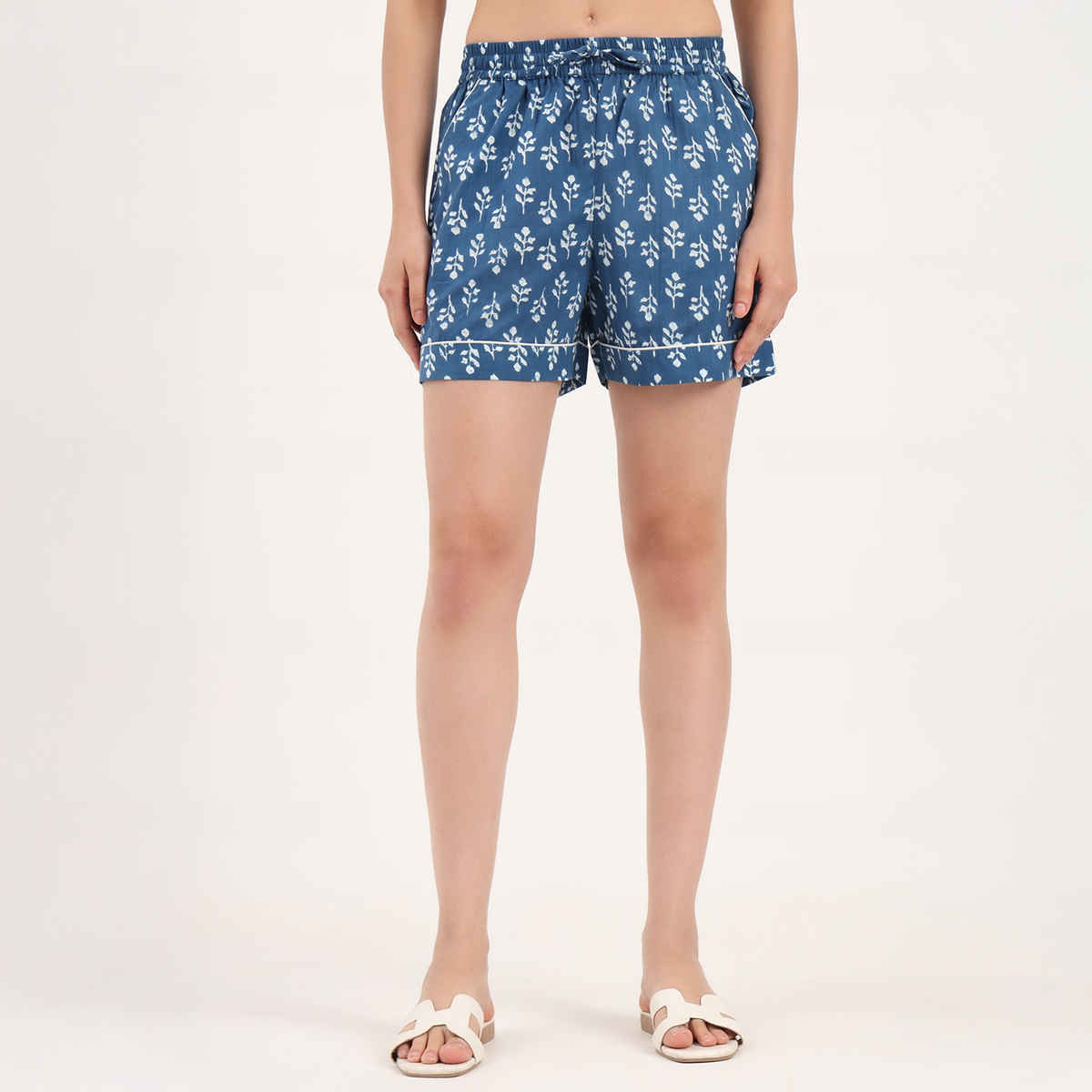 Divena Blue Ethnic Motif Print Cotton Shorts for Women | DK0259 - XL
