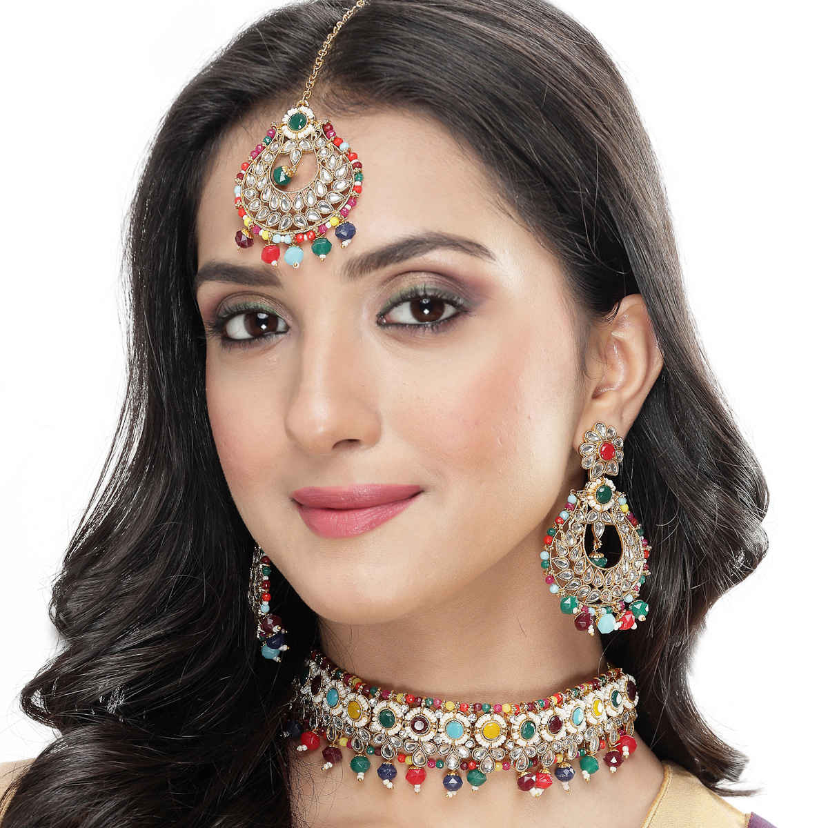 Sukkhi Fashionable Gold Plated Multi Kundan & Beads Studded Collar Necklace Set