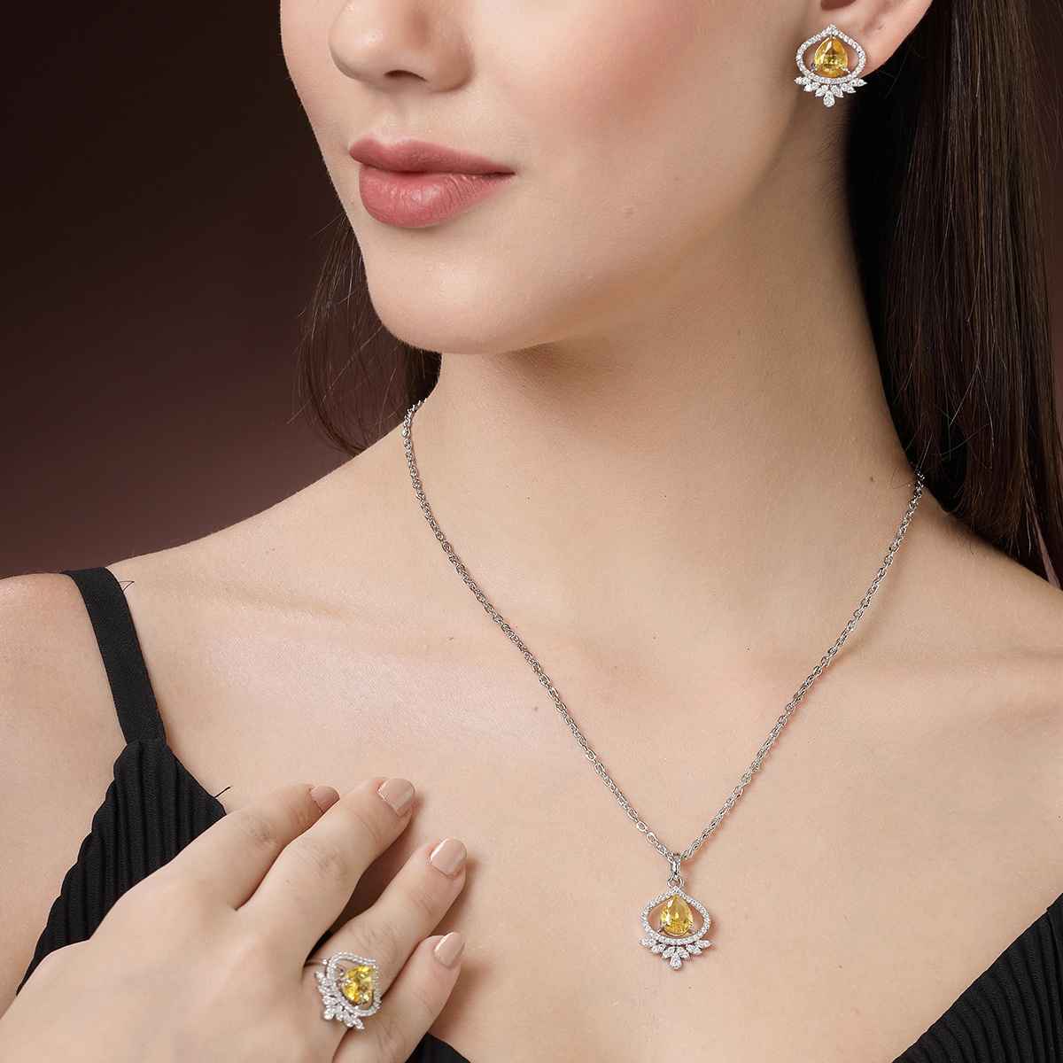 Zeneme Silver-Plated AD Studded Trilliant Crystal Yellow Necklace Earrings Ring For Women & Girls