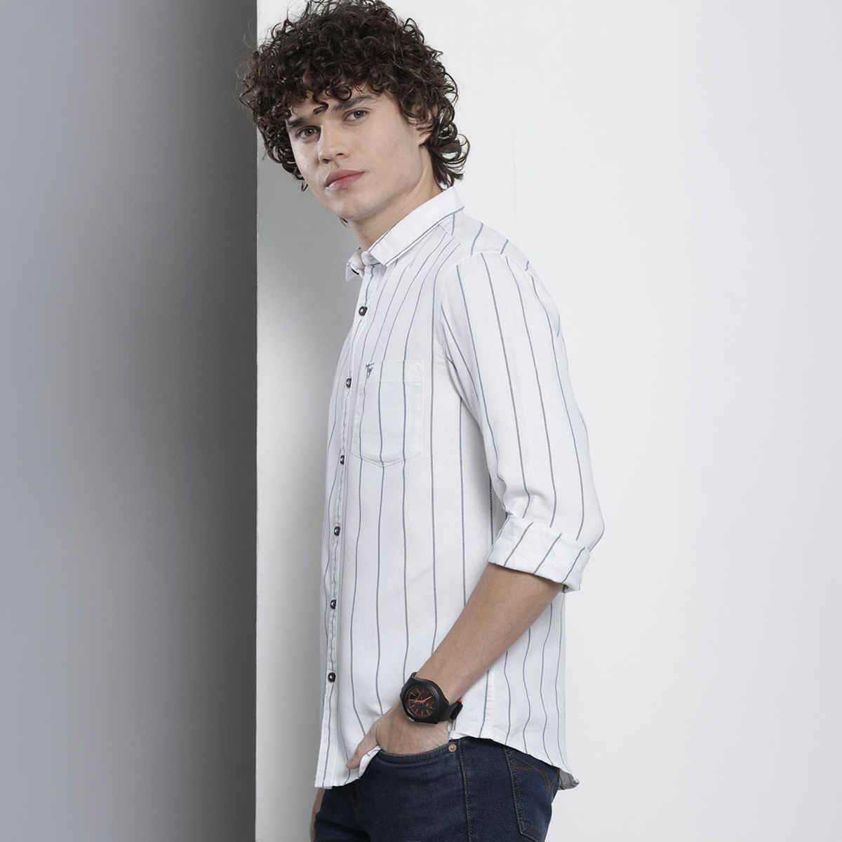 The Indian Garage Co Men's Regular Fit Striped Casual | White | L