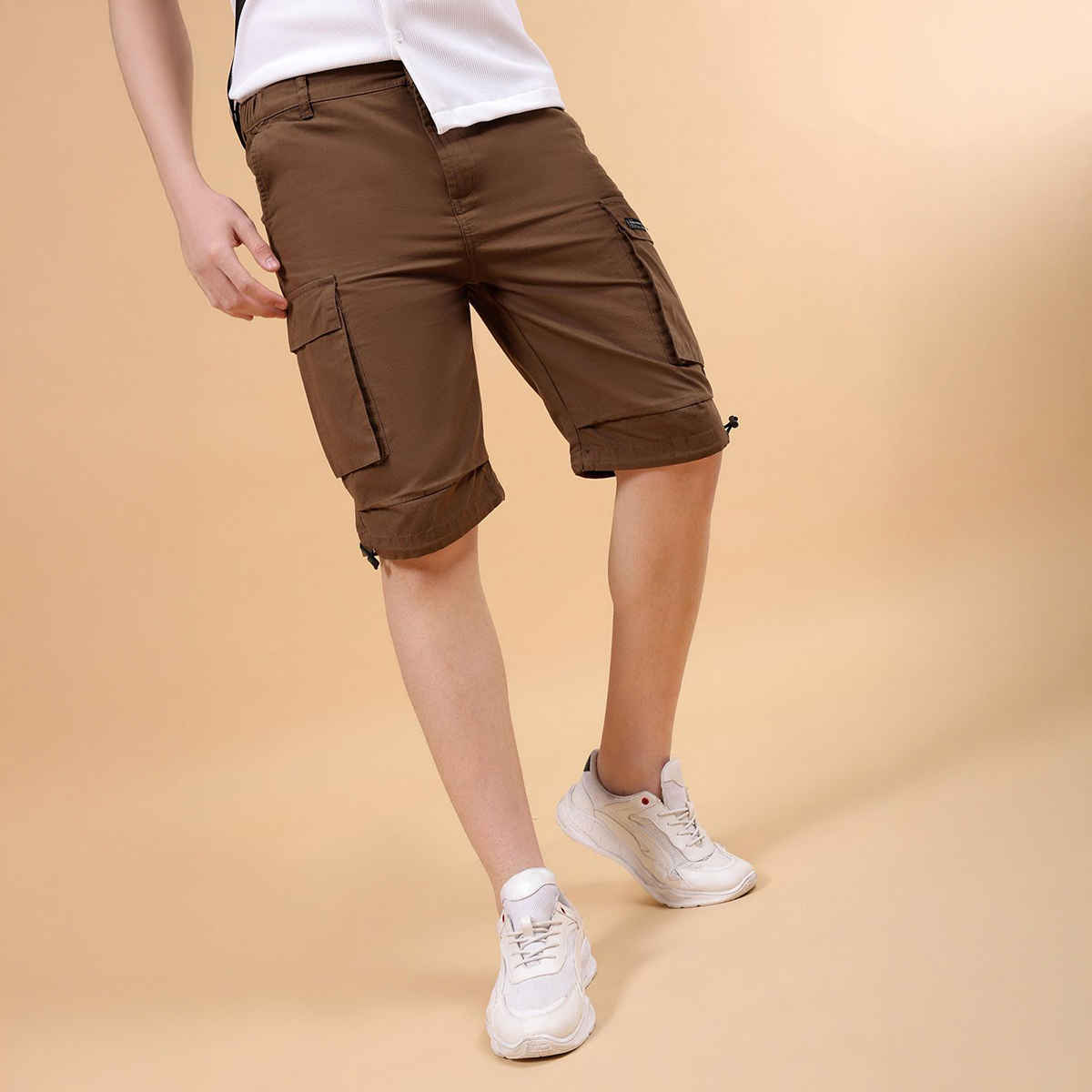 The Indian Garage Co Men Casual Coffee Brown Solid Cargo Parachute Shorts - 36 | 1022-Rpscrgsrt-12