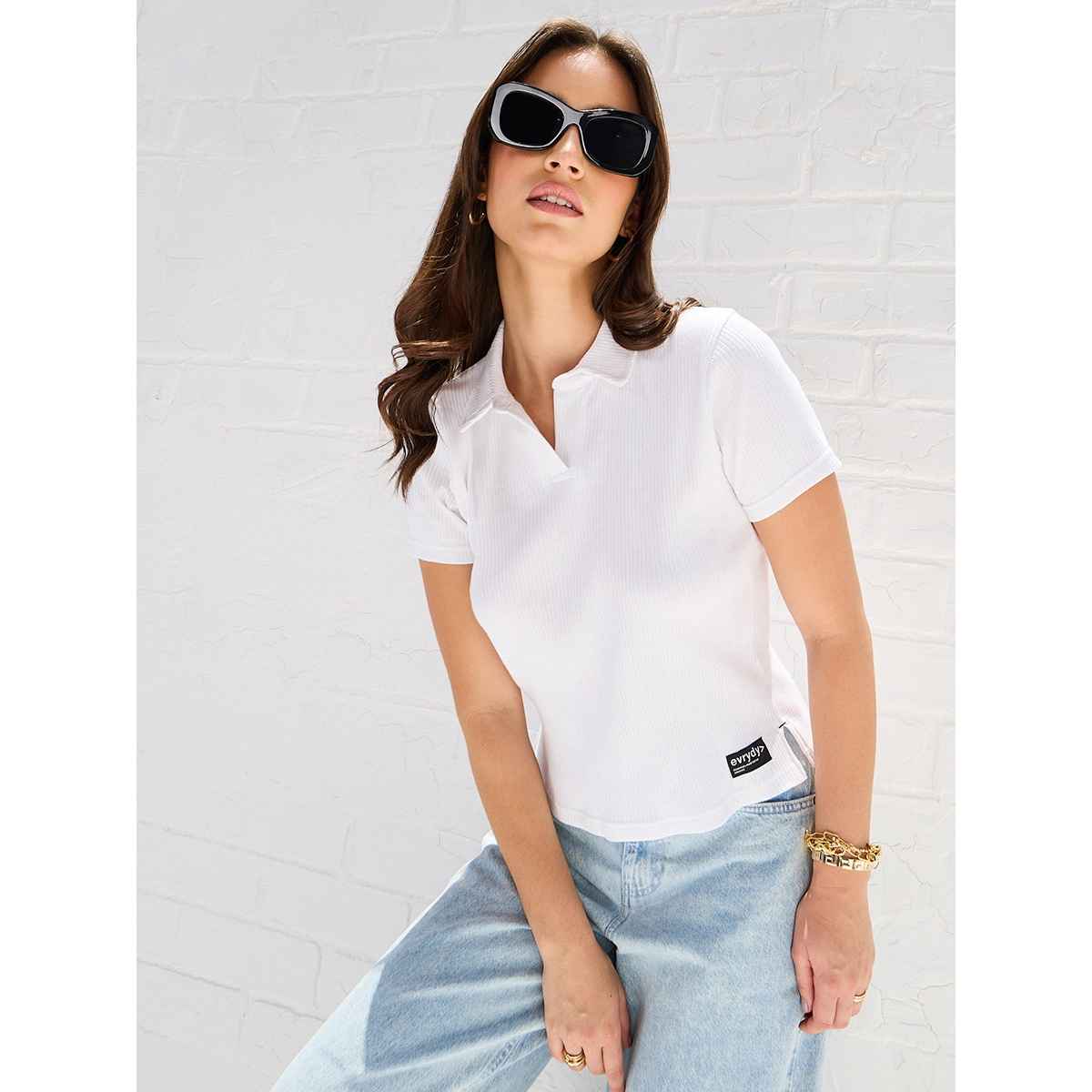 Styli Women's Ribbed Polo Crop T-shirt with Side Slit | White - XXL