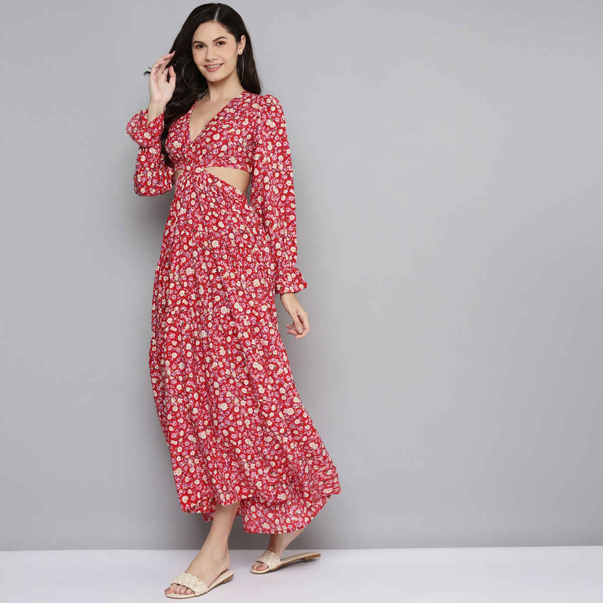 SASSAFRAS Women's Ditsy Floral Waist Cut-Out Maxi Dress | Red - L