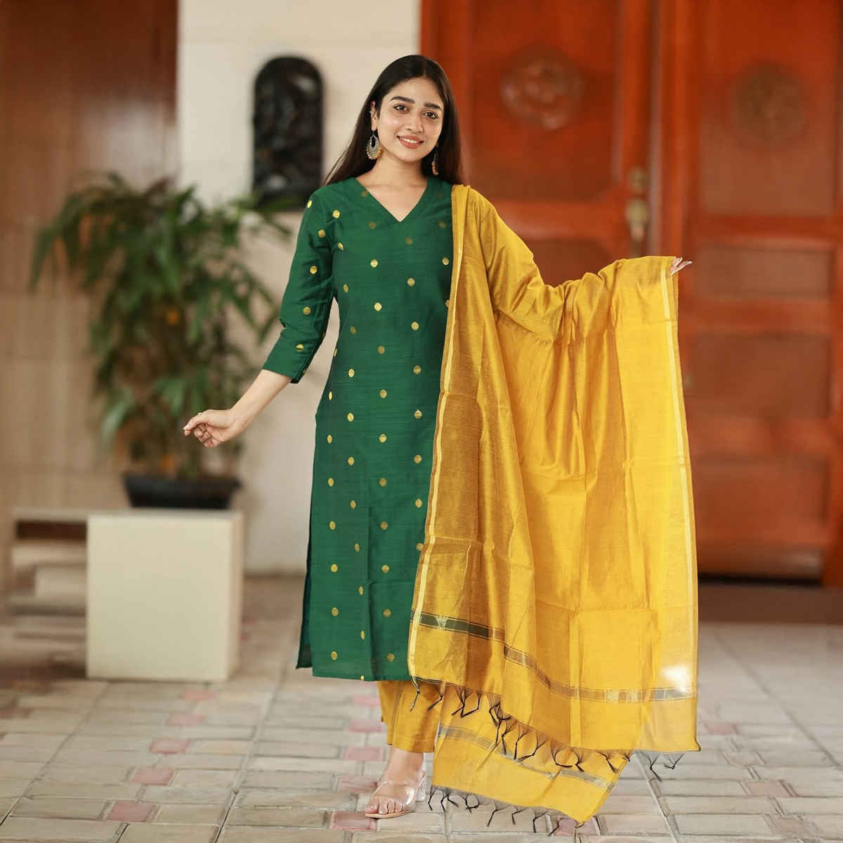 GoSriKi Women's Rayon Blend Straight Polka-Dot Kurta with Pant & Dupatta | SDF | Green - L