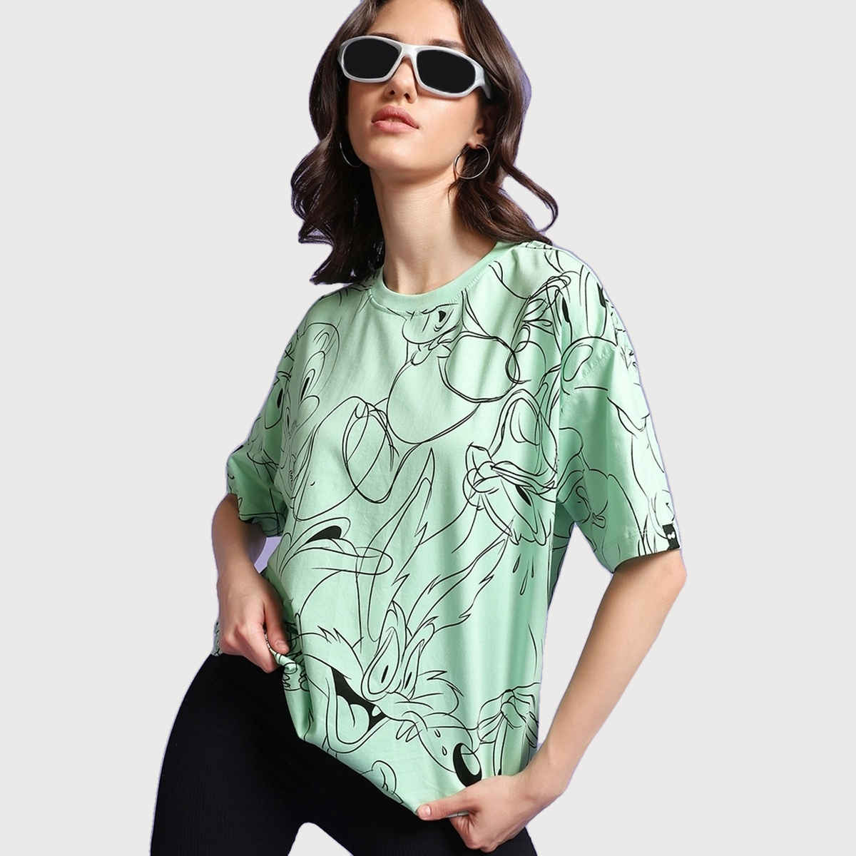 Bewakoof Looney Tunes Merchandise Women's All Over Printed Oversized T-shirt | Green - S