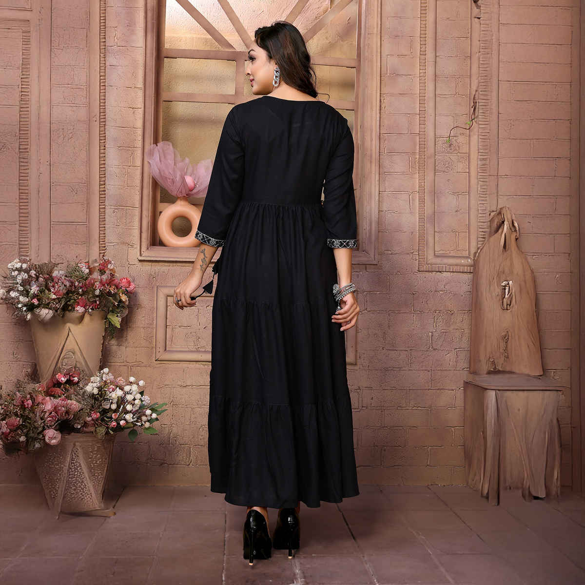 Rangita Women's Black Rayon Embroidered Ankle Length Tiered Flared Kurta | M