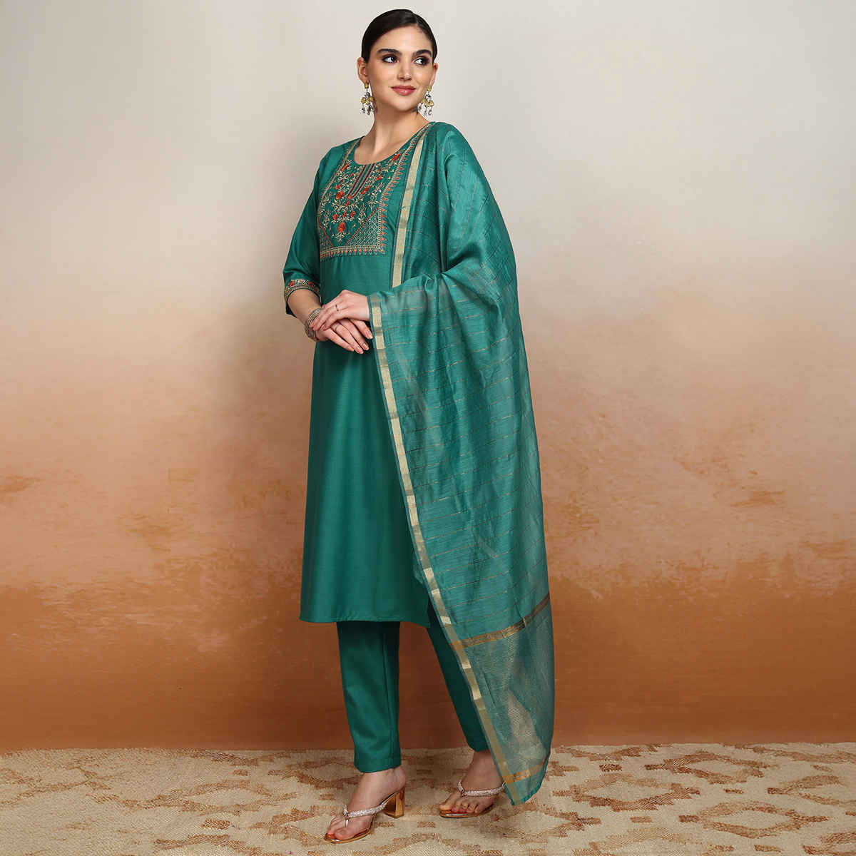 Vishudh Women's Embroidered Straight Kurta With Pants And Dupatta | PVK3000011 | Green - L
