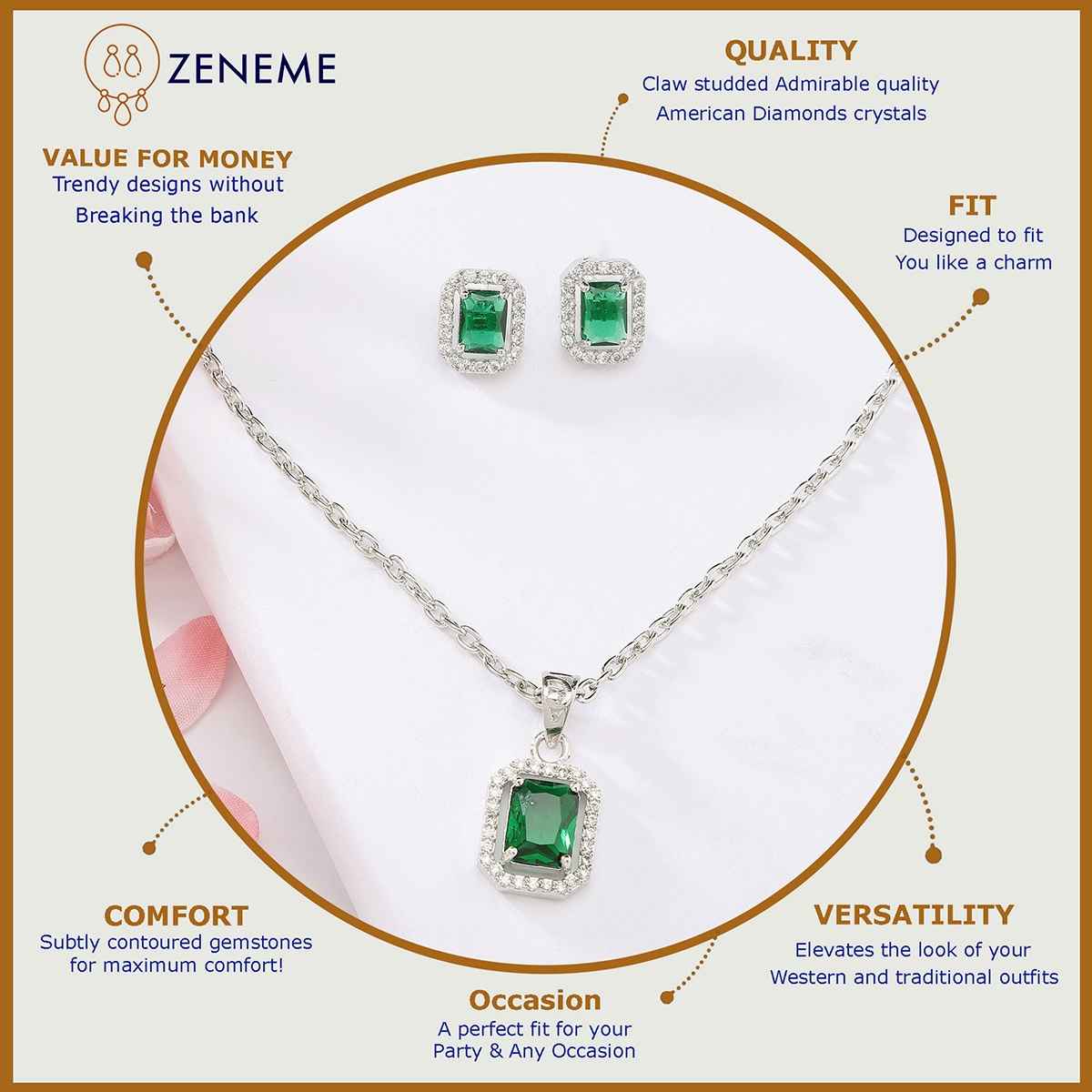 Zeneme Rhodium-Plated Green AD-CZ Luxe Sparkle Princess Cut Necklace Earrings For Women & Girls