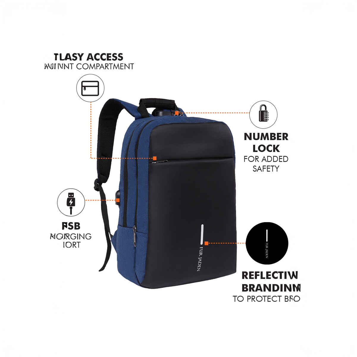 Fur Jaden 22 L Navy Anti-Theft Backpack with USB Port and Number Lock | Padded Laptop Compartment