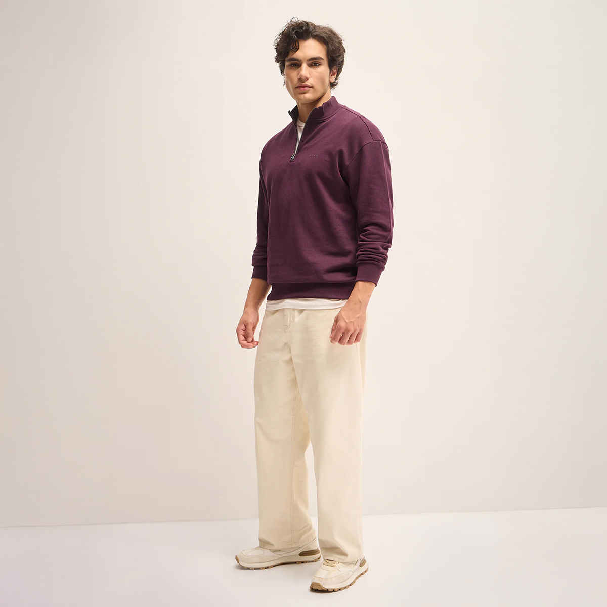 The Bear House Men's Solid Relaxed Fit High Neck Sweatshirt | Plum - M