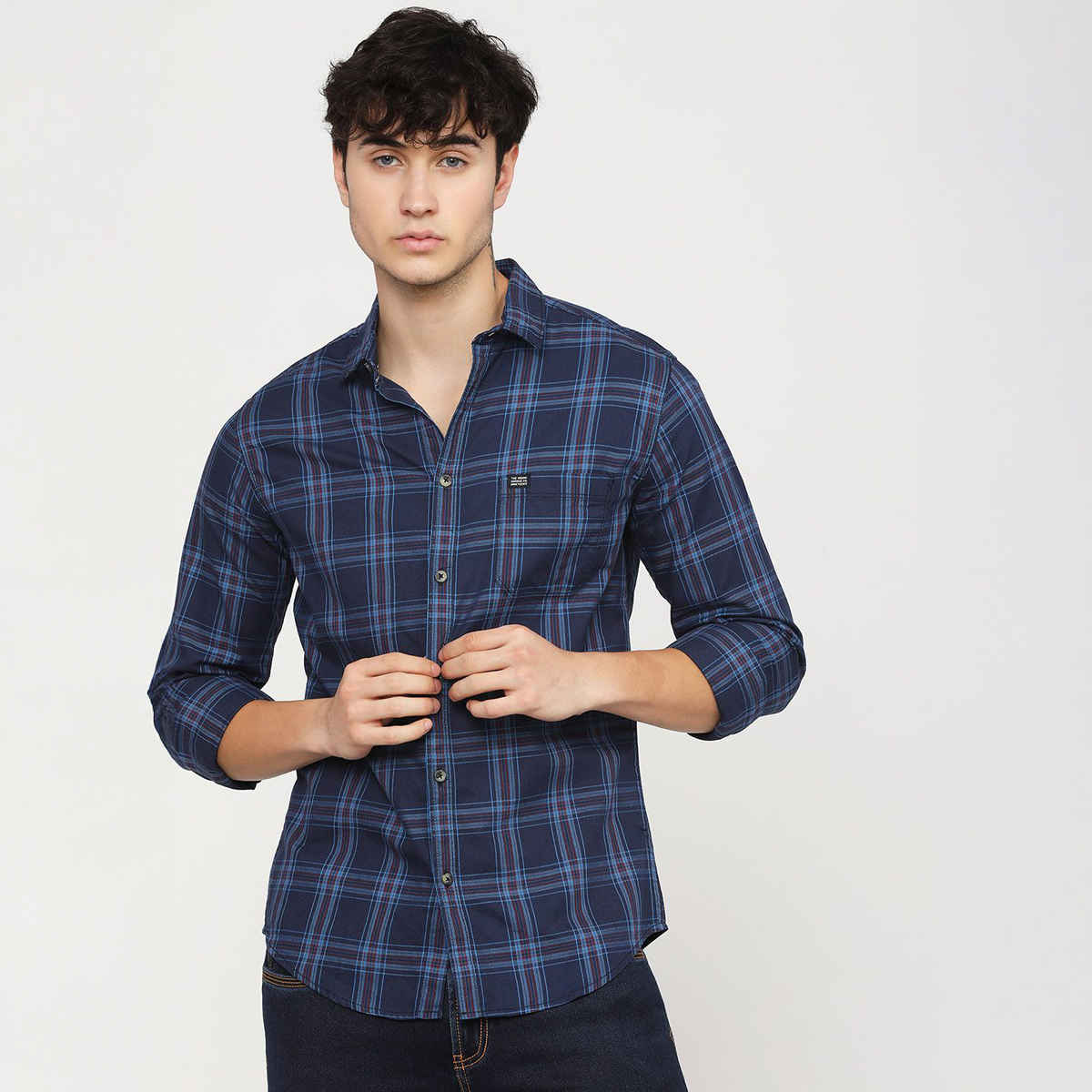 The Indian Garage Co Men's Slim Fit Checkered Casual Shirt | Navy Blue - L