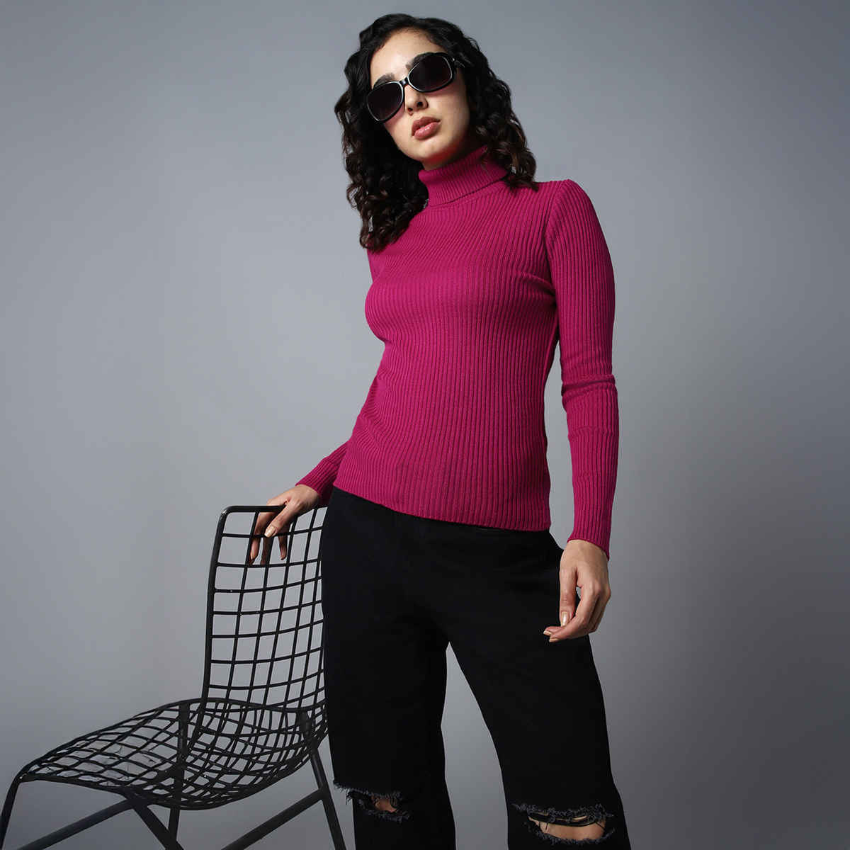 High Star Women's Ribbed Turtle Neck Pullover | Pink - S