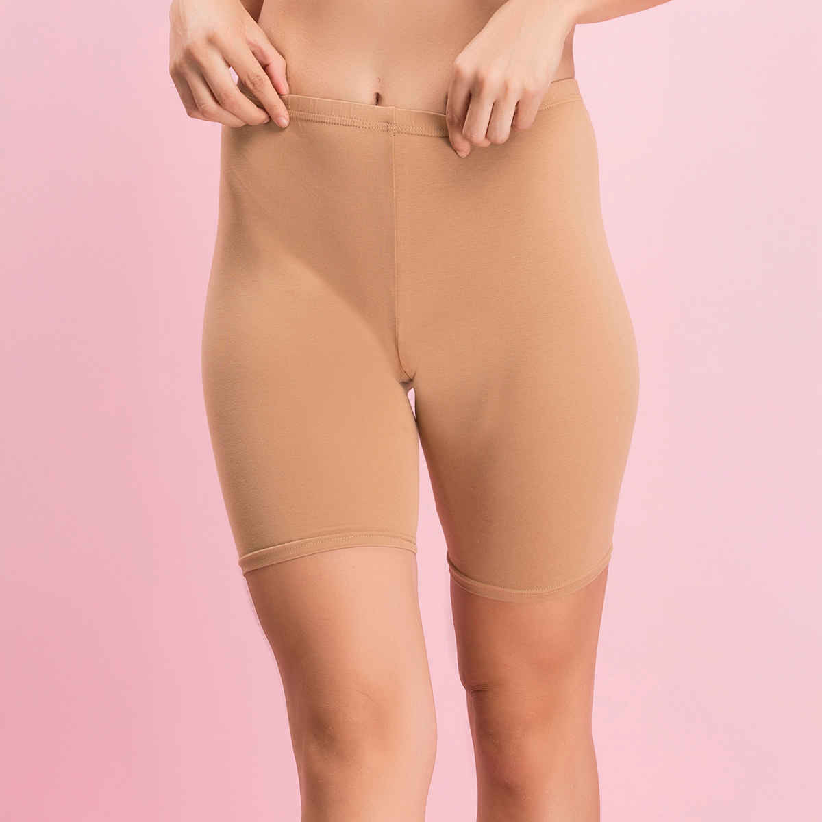 Clovia Cotton Mid Waist Cycling Shorts With Inner Elastic(Nude - S)
