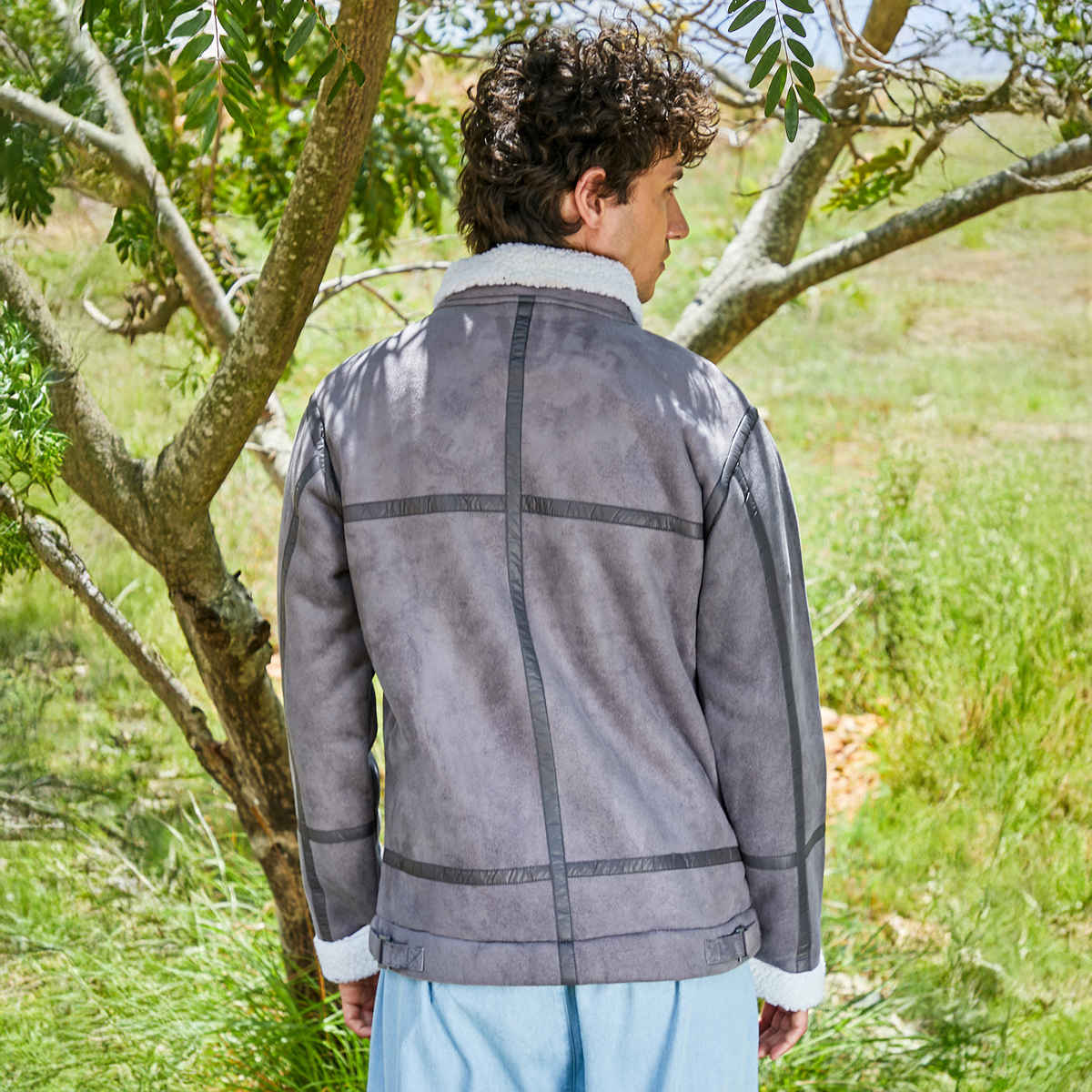 Campus Sutra Men's Fleece Lined Biker Jacket | Moon Grey & Chalk White - M