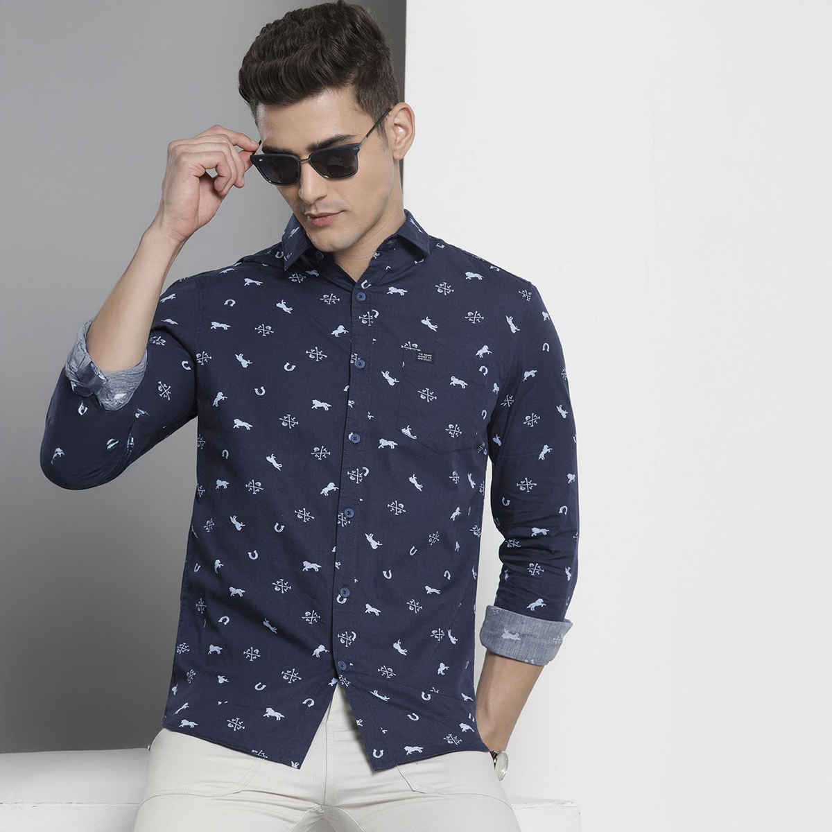 The Indian Garage Co Men's Regular Fit Animal Print Casual Shirt | Navy Blue - M